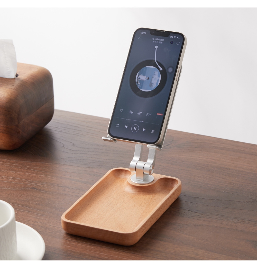 Beech Wood Desktop Mobile Phone Stand Lifting Folding Tablet Holder with Tray Base - Shopkiz.com