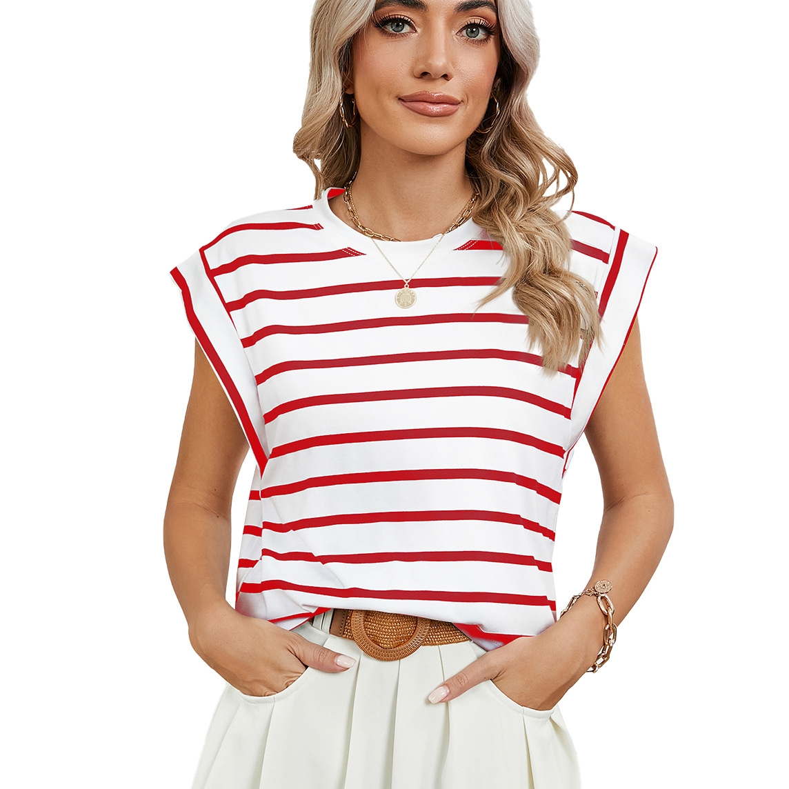 Women Stripe Style Summer Loose Top Basic T-Shirt Round Neck Casual Tank, Size: XL(Red)