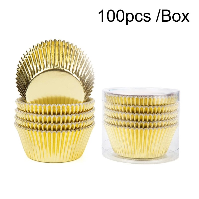 100pcs /Box Muffin Cake Paper Cups Baking Paper Tray Thickened Aluminum Foil Oil-proof Cupcake Liner(Gold)