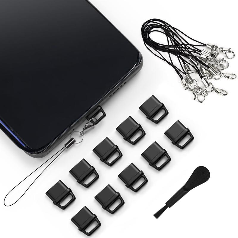 USB-C Charging Port Phone Dust Plug Lanyard Cleaning Brush Set(Black) - Shopkiz.com
