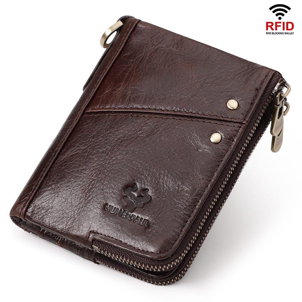 HUMERPAUL BP852 RFID Leather Anti-Theft Wallet Short Double Zipper Wallet(Brown) - Shopkiz.com