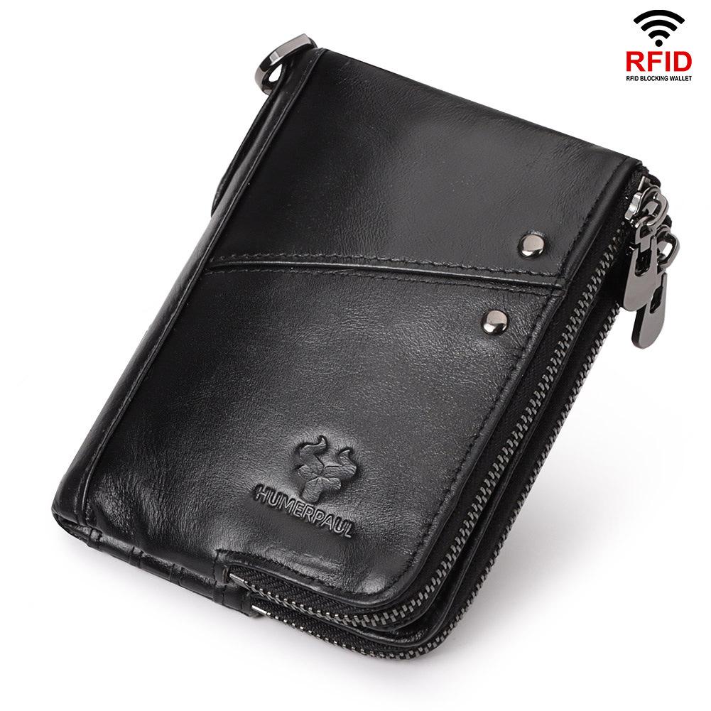 HUMERPAUL BP852 RFID Leather Anti-Theft Wallet Short Double Zipper Wallet(Black) - Shopkiz.com