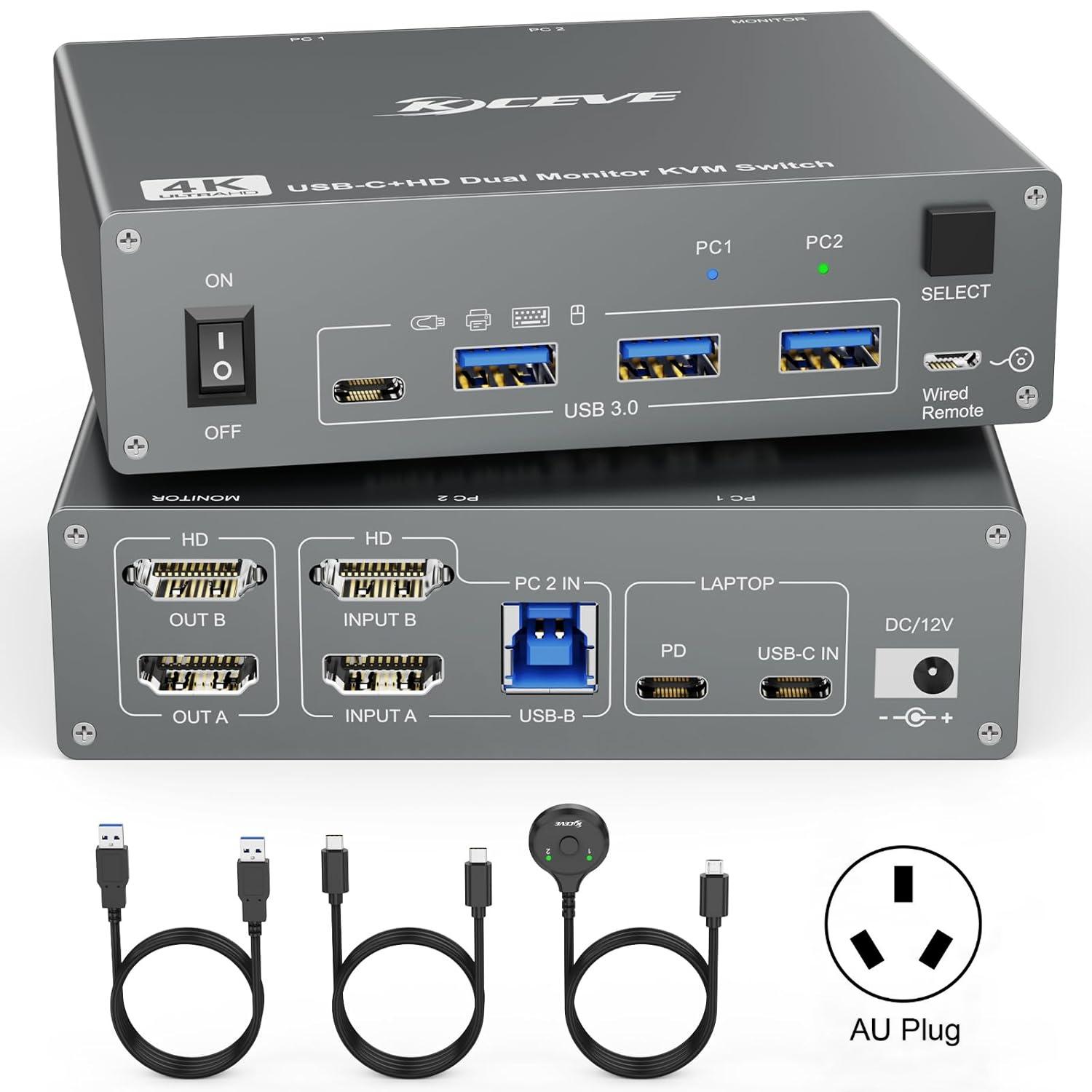 KVEVE KC-KVM202CH USB 3.0 Dual Monitor 4K 60Hz KVM Switch AU Plug - Shopkiz.com