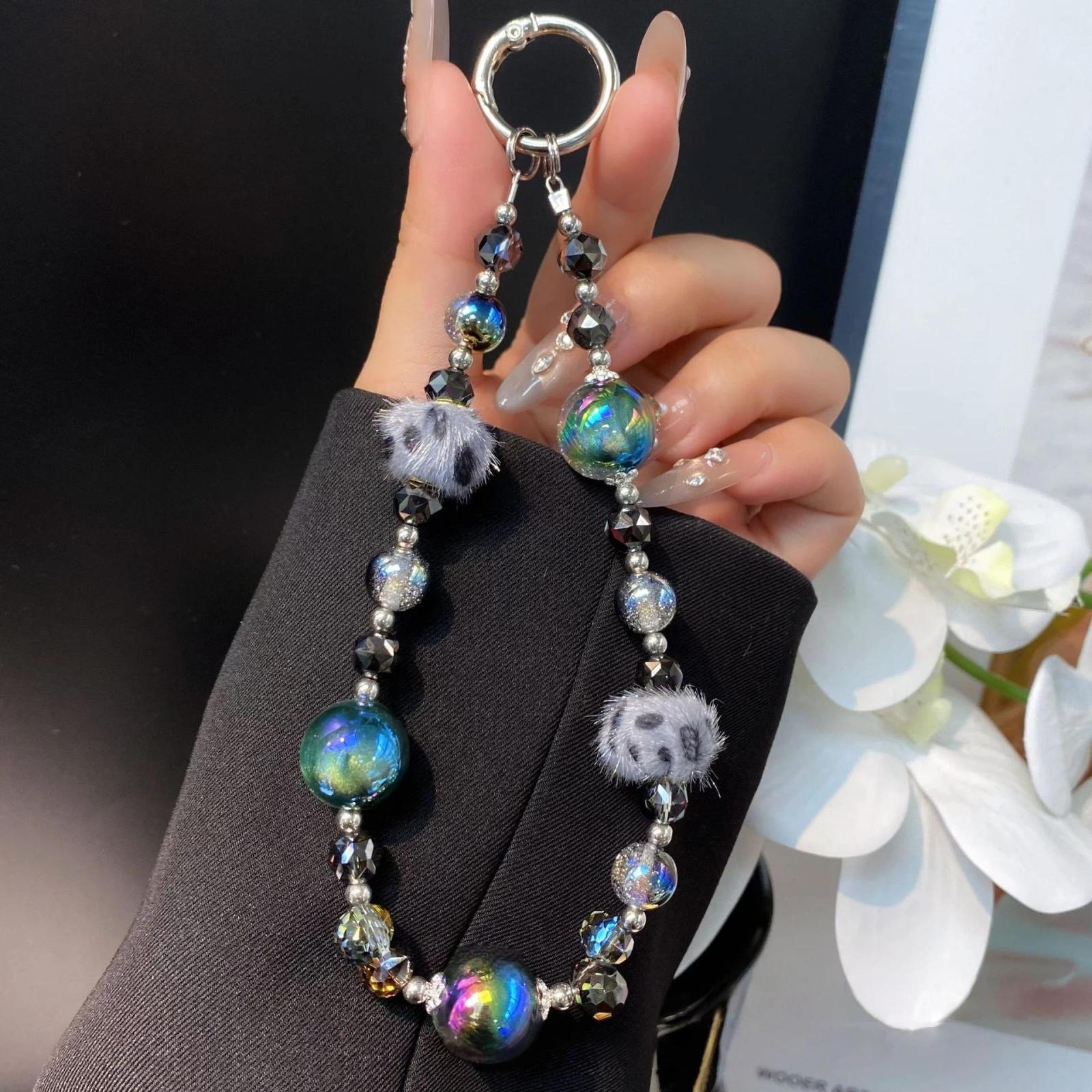Leopard Print Fur Ball Cell Phone Chain Crystal Handmade Beaded Chain(Black) - Shopkiz.com