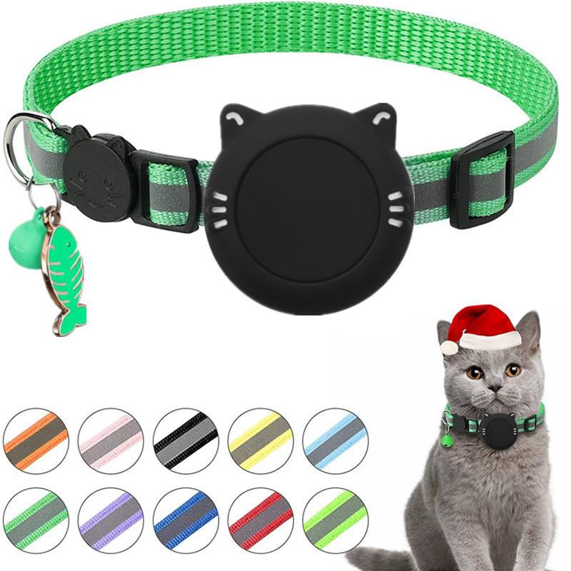 For AirTag 2nd Gen / AirTag 1st Gen Cat Collar Waterproof Silicone Holder With Safety Breakaway Buckle And Fish & Bell Pendant(Deep Green) -