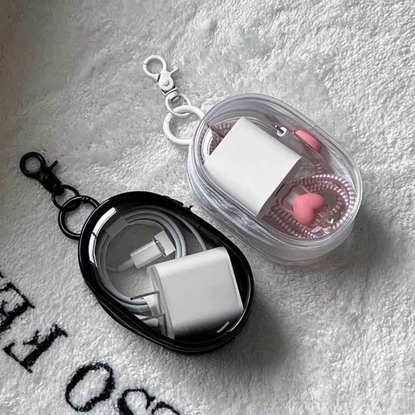 2pcs Data Cable Charger Transparent Storage Pouch Portable Earphone Storage Case With Keychain(White+Black) - Shopkiz.com