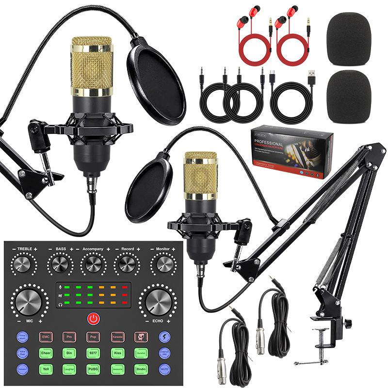 Dual BM800 Condenser Microphone with V8S Live Sound Card Kit Podcast Equipment Bundle Adjustable Scissor Arm Stand(Gold) - Shopkiz.com