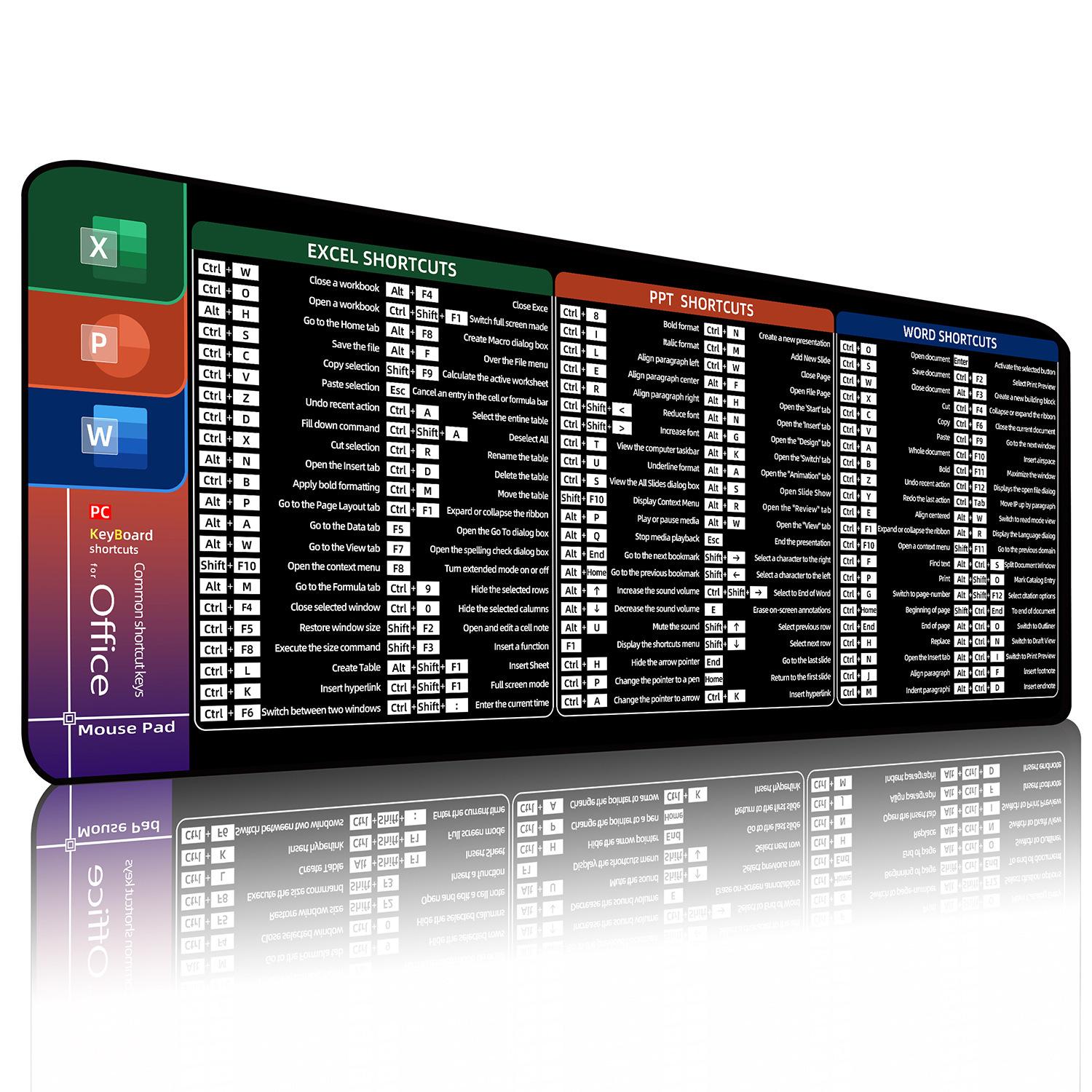 Large Shortcut Keys Mouse Pad Multi-Language Options Available Fray-Free Stitched Edges Keyboard Pad 300x600x3mm(EN Office  2) - Shopkiz.com