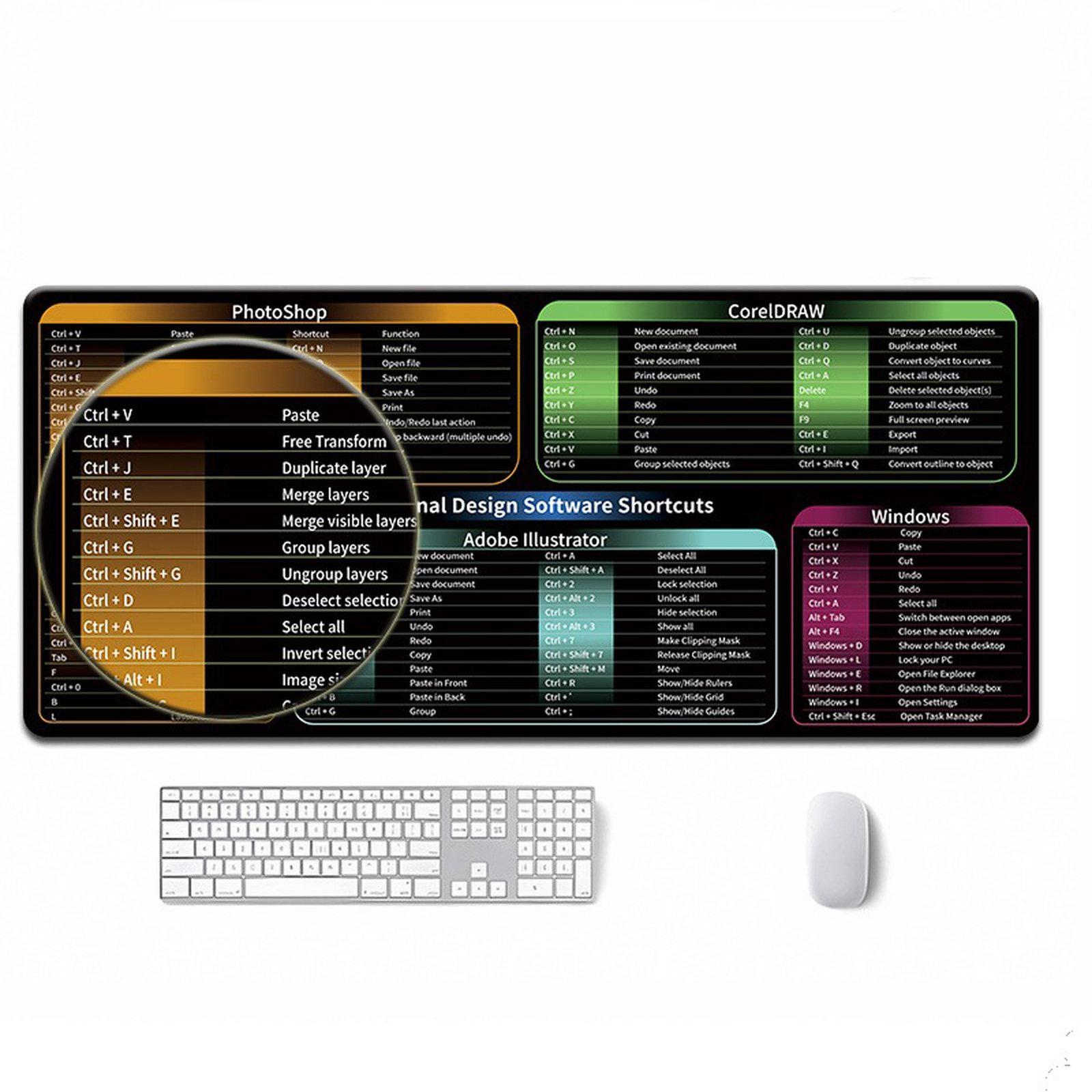 Large Shortcut Keys Mouse Pad Multi-Language Options Available Fray-Free Stitched Edges Keyboard Pad 300x600x3mm(EN Win+CDR+PS+AI 10) - Shopkiz.com