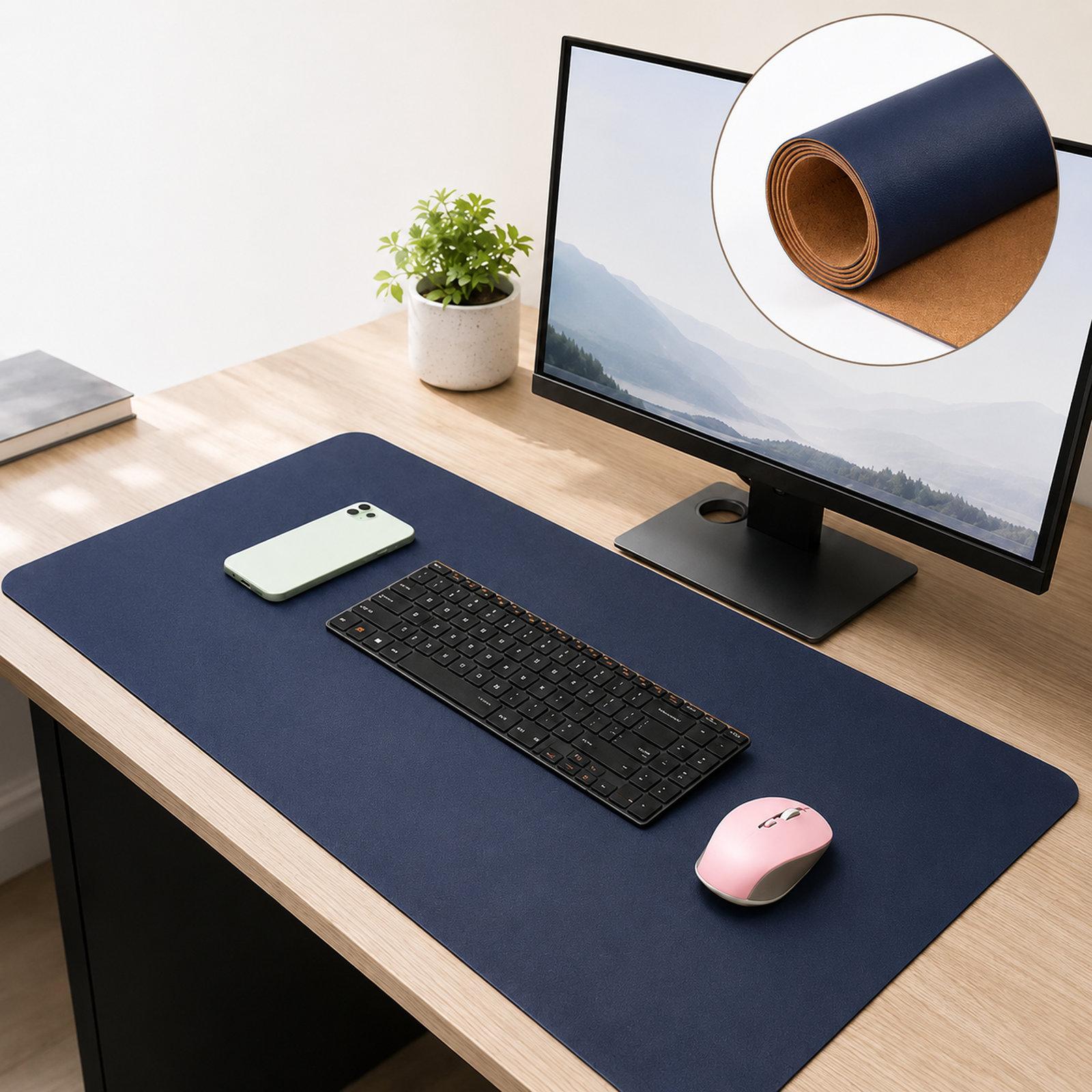Dual-Sided Cork And Leather Desk Pad Reversible Large Desk Mat For Office And Home 180 x 220mm(Blue) - Shopkiz.com