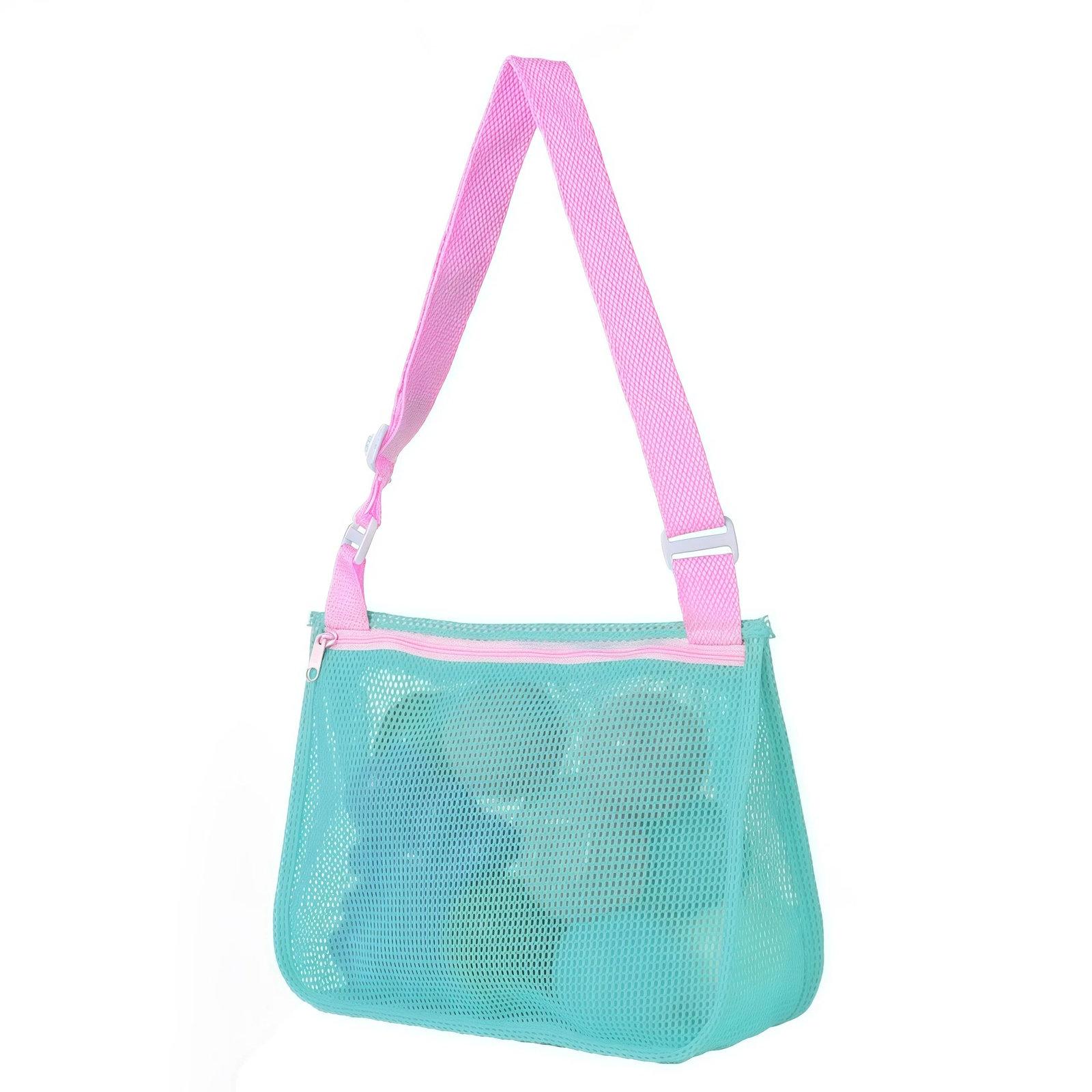 Single-Shoulder Stationery Pouch Children Mesh Foldable Thickened Mesh Beach Bag(Green Net Pink Belt) - Shopkiz.com