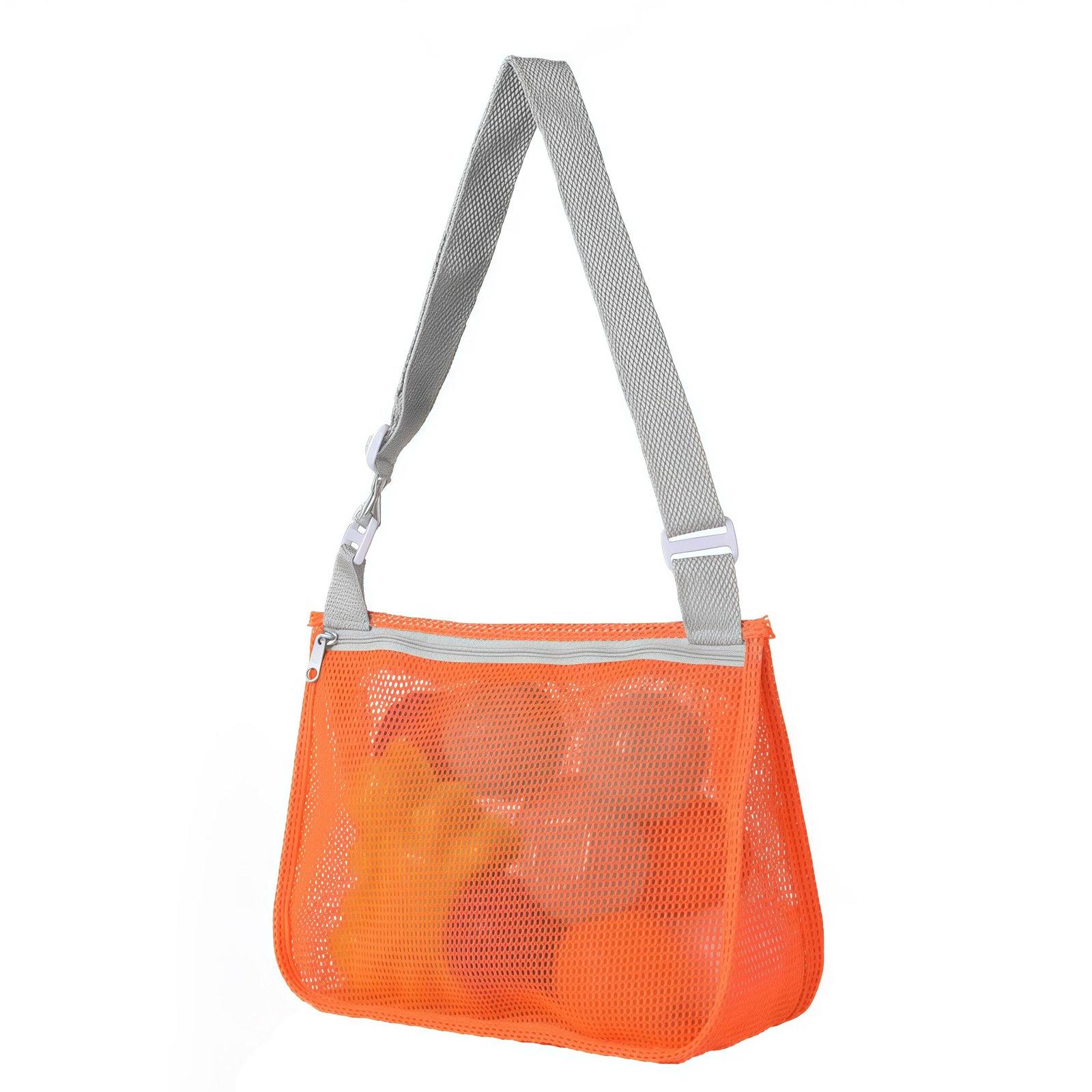 Single-Shoulder Stationery Pouch Children Mesh Foldable Thickened Mesh Beach Bag(Orange Net Light Gray Belt) - Shopkiz.com