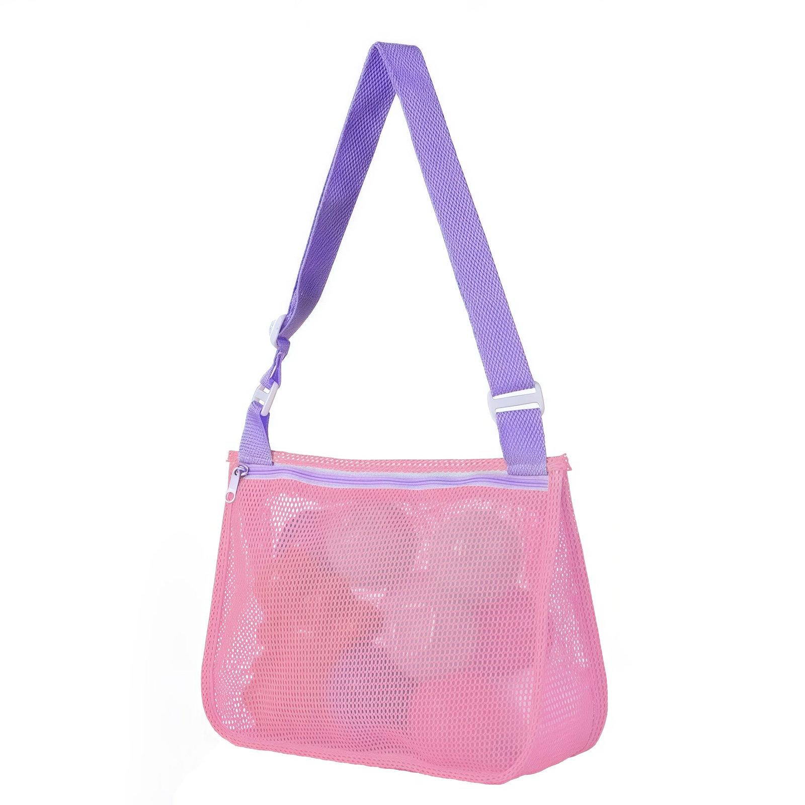 Single-Shoulder Stationery Pouch Children Mesh Foldable Thickened Mesh Beach Bag(Pink Net Purple Belt) - Shopkiz.com