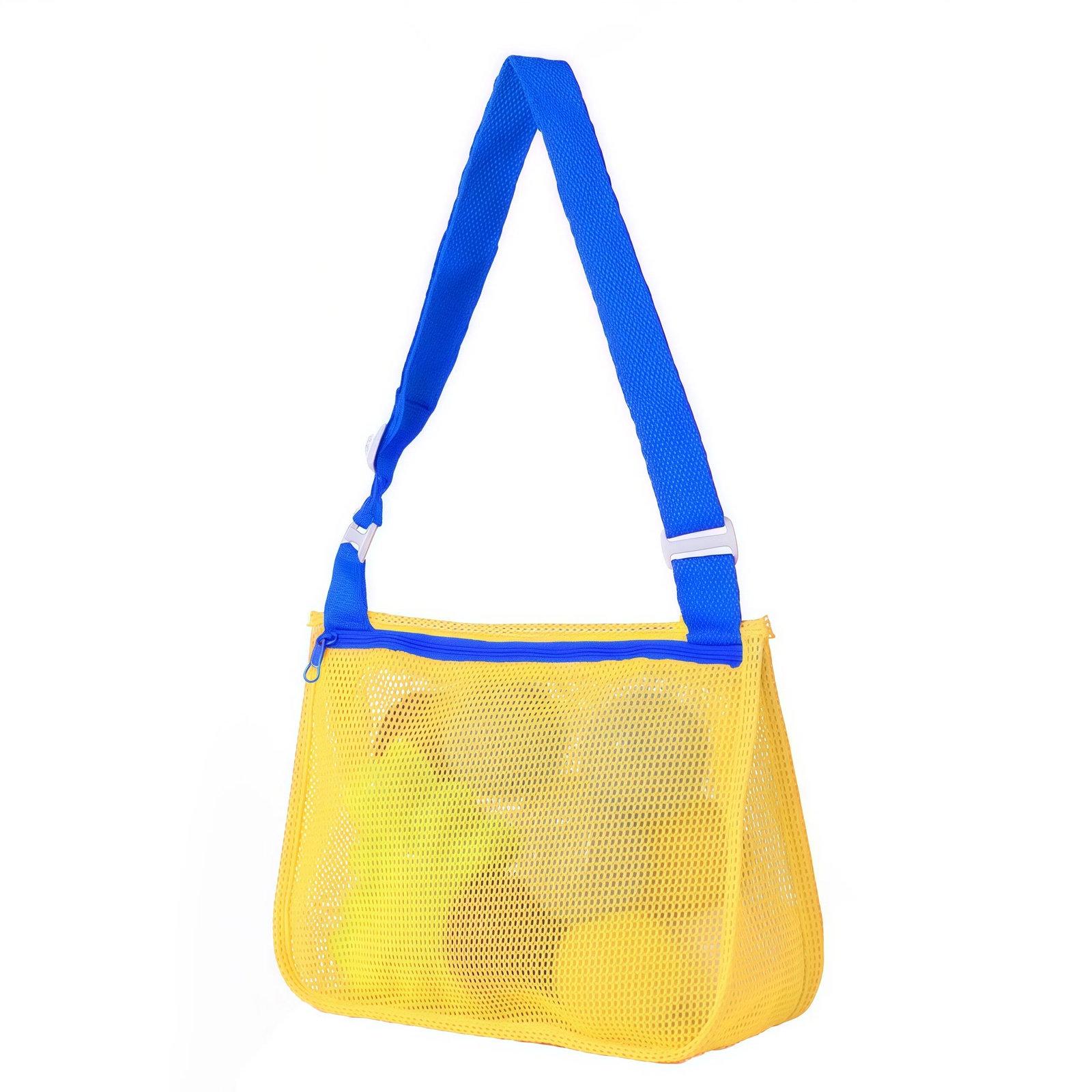 Single-Shoulder Stationery Pouch Children Mesh Foldable Thickened Mesh Beach Bag(Yellow Net Dark Blue Belt) - Shopkiz.com