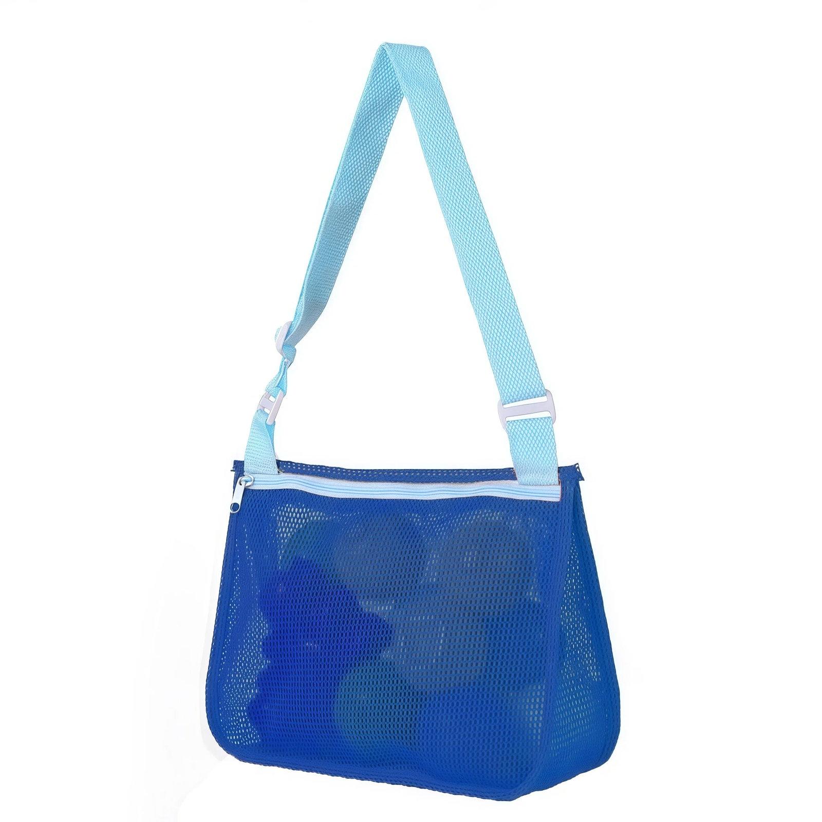 Single-Shoulder Stationery Pouch Children Mesh Foldable Thickened Mesh Beach Bag(Navy Lake Net Blue Belt) - Shopkiz.com