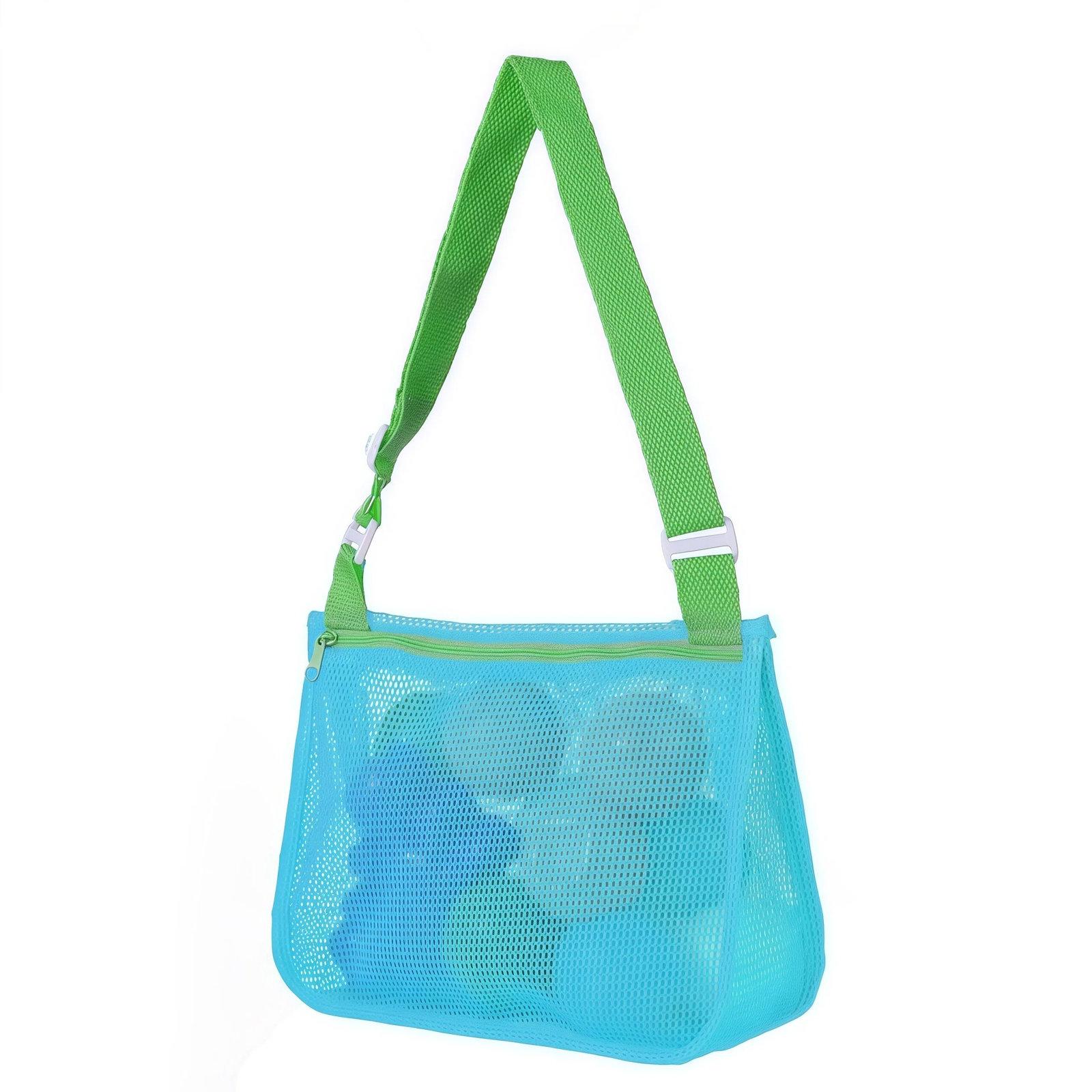 Single-Shoulder Stationery Pouch Children Mesh Foldable Thickened Mesh Beach Bag(Light Blue Net Green Belt) - Shopkiz.com