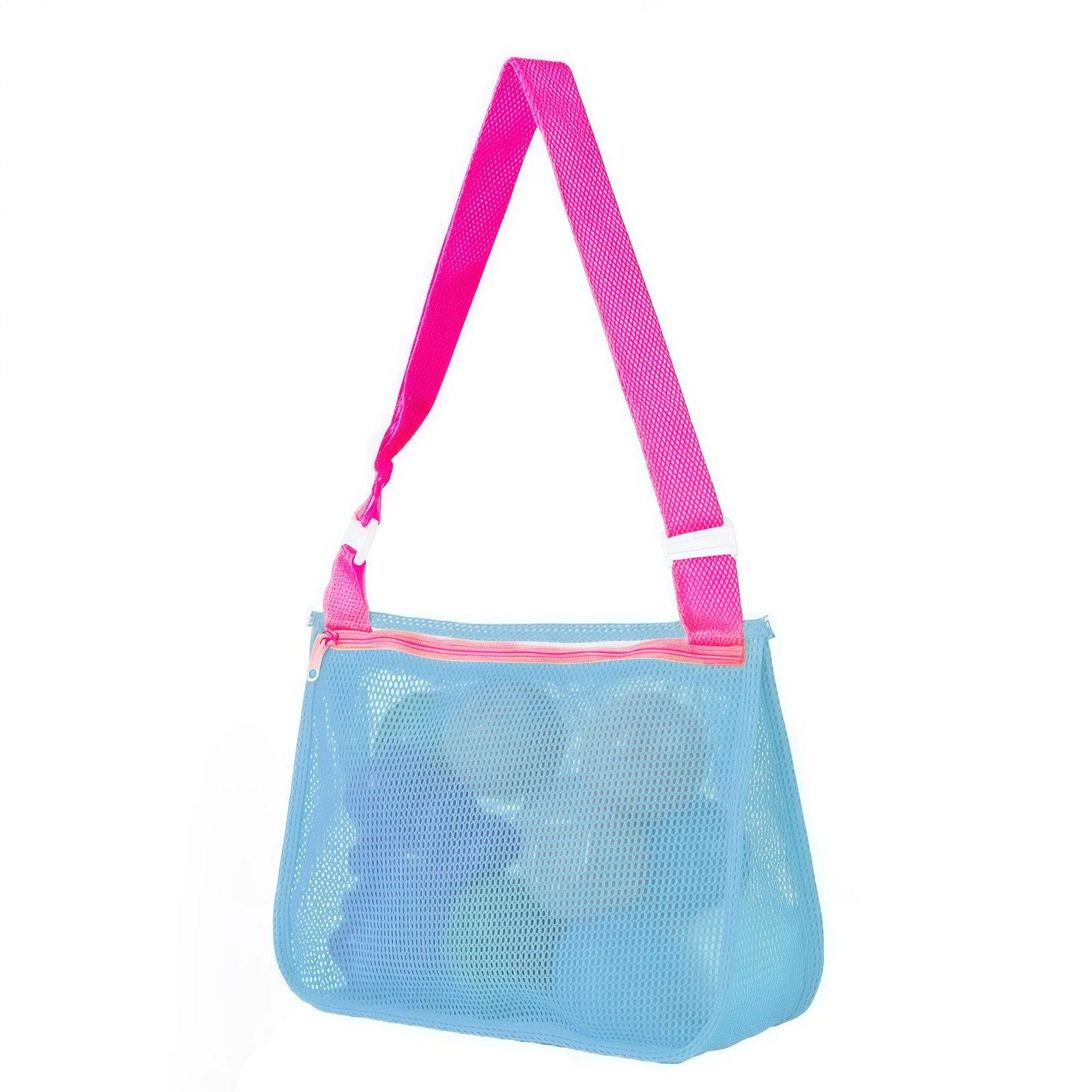 Single-Shoulder Stationery Pouch Children Mesh Foldable Thickened Mesh Beach Bag(Light Blue Net Rose Red Belt) - Shopkiz.com