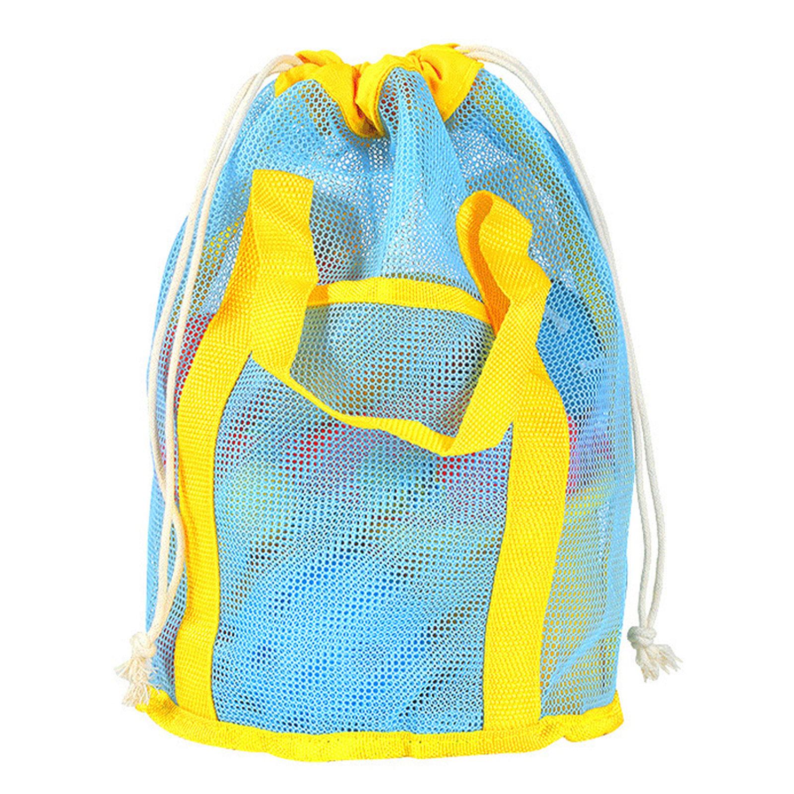 Mesh Beach Toy Bag Drawstring Toiletry Tote Sack With Handle Front Pocket For Kids Bath Swimming(Blue Yellow Stripe) - Shopkiz.com