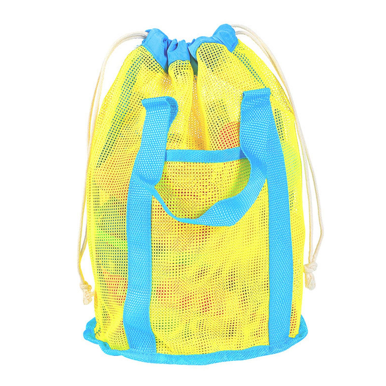 Mesh Beach Toy Bag Drawstring Toiletry Tote Sack With Handle Front Pocket For Kids Bath Swimming(Yellow Blue Stripe) - Shopkiz.com