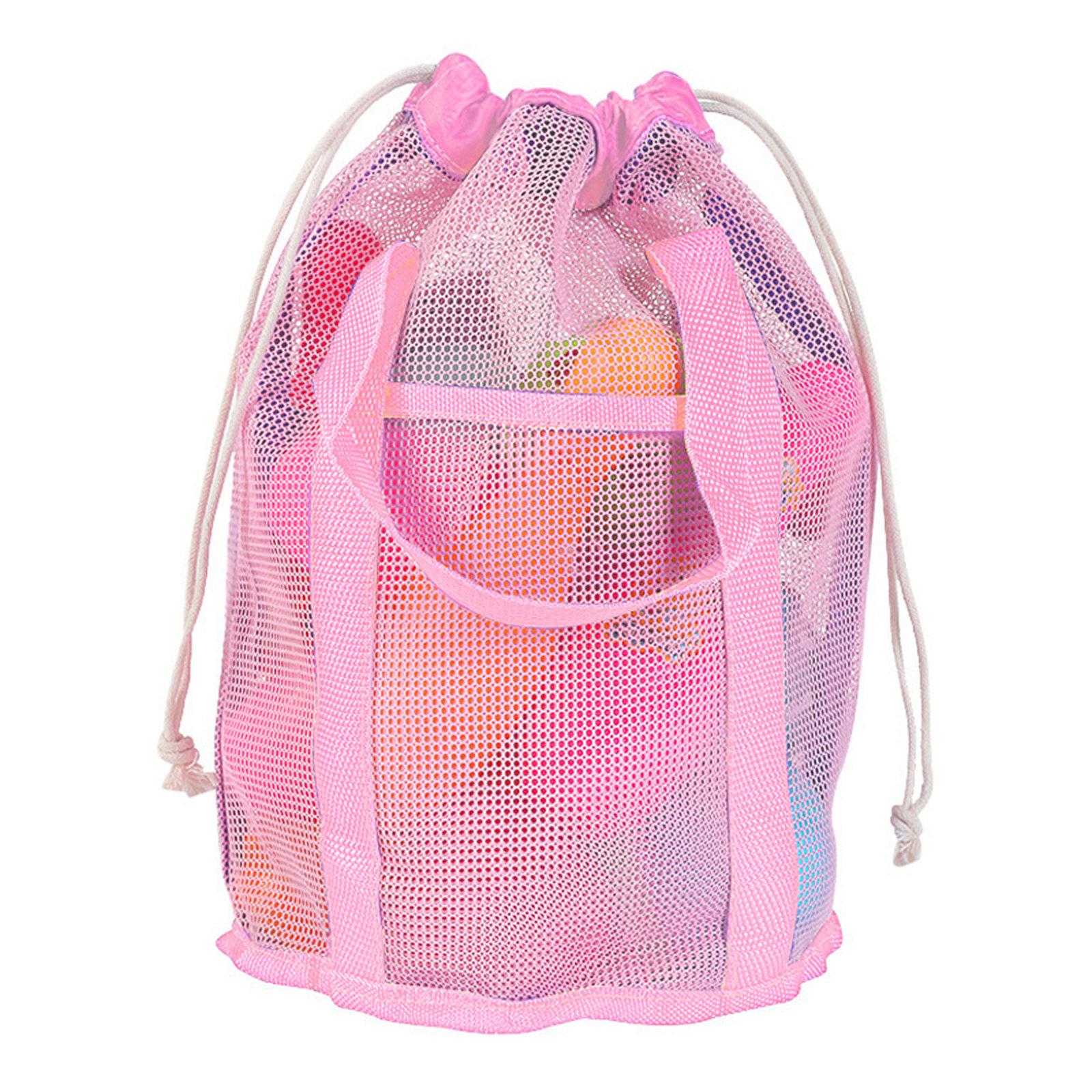 Mesh Beach Toy Bag Drawstring Toiletry Tote Sack With Handle Front Pocket For Kids Bath Swimming(Pink) - Shopkiz.com