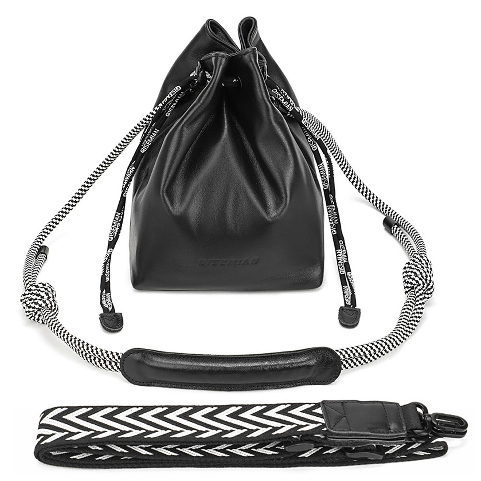 QISEMIAN Drawstring Camera Insert Bag PU Leather Crossbody Case With Dual Straps, Color: XK112 Black - Shopkiz.com