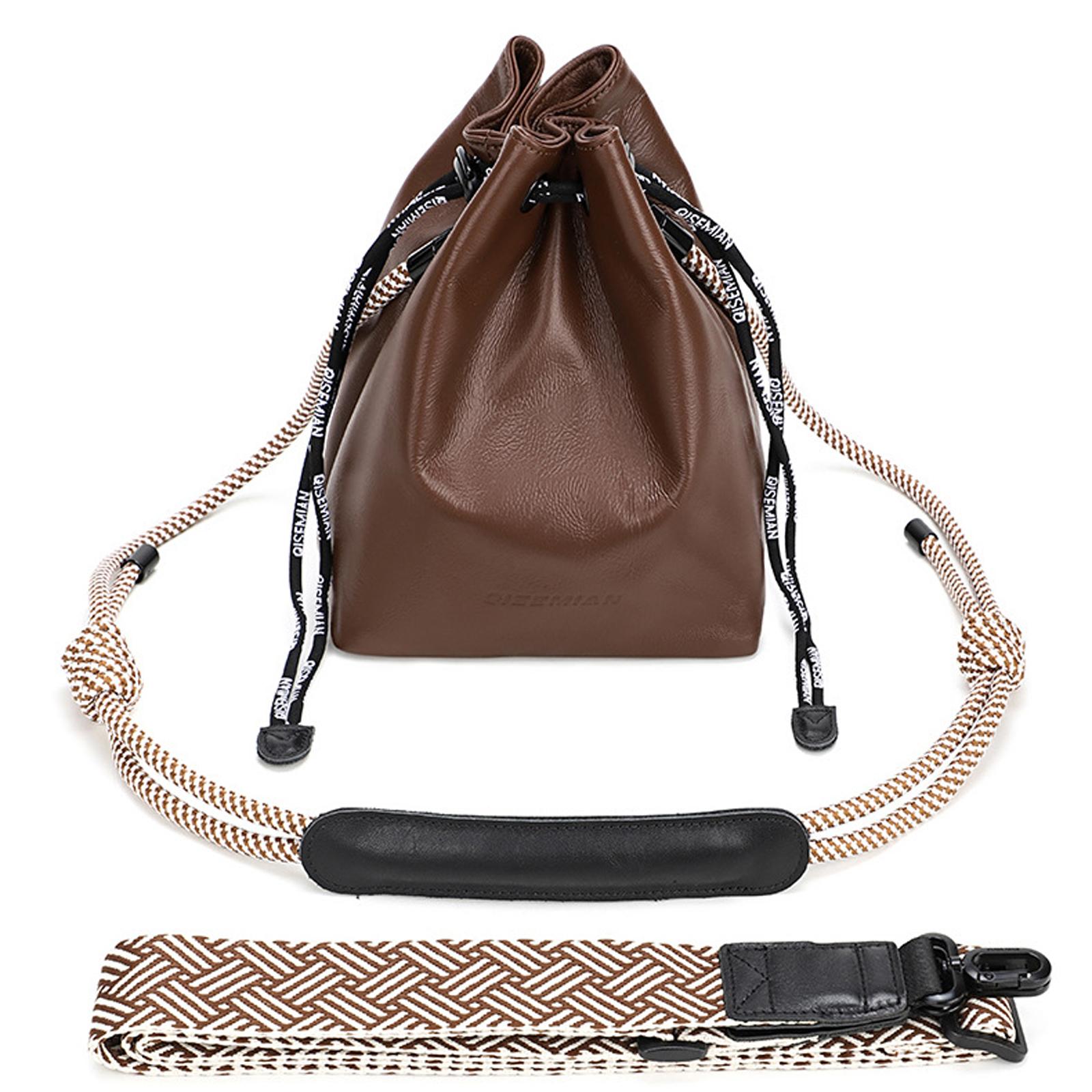 QISEMIAN Drawstring Camera Insert Bag PU Leather Crossbody Case With Dual Straps, Color: XK112 Brown - Shopkiz.com