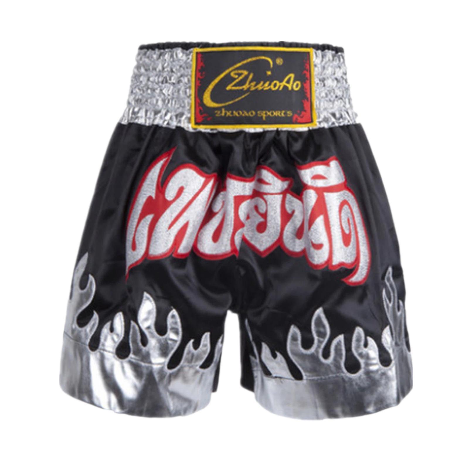 ZhuoAo Muay Thai Boxing Shorts Kickboxing & Sanda Training Fight Shorts For Men & Women, Size: XS(Black Silver) - Shopkiz.com