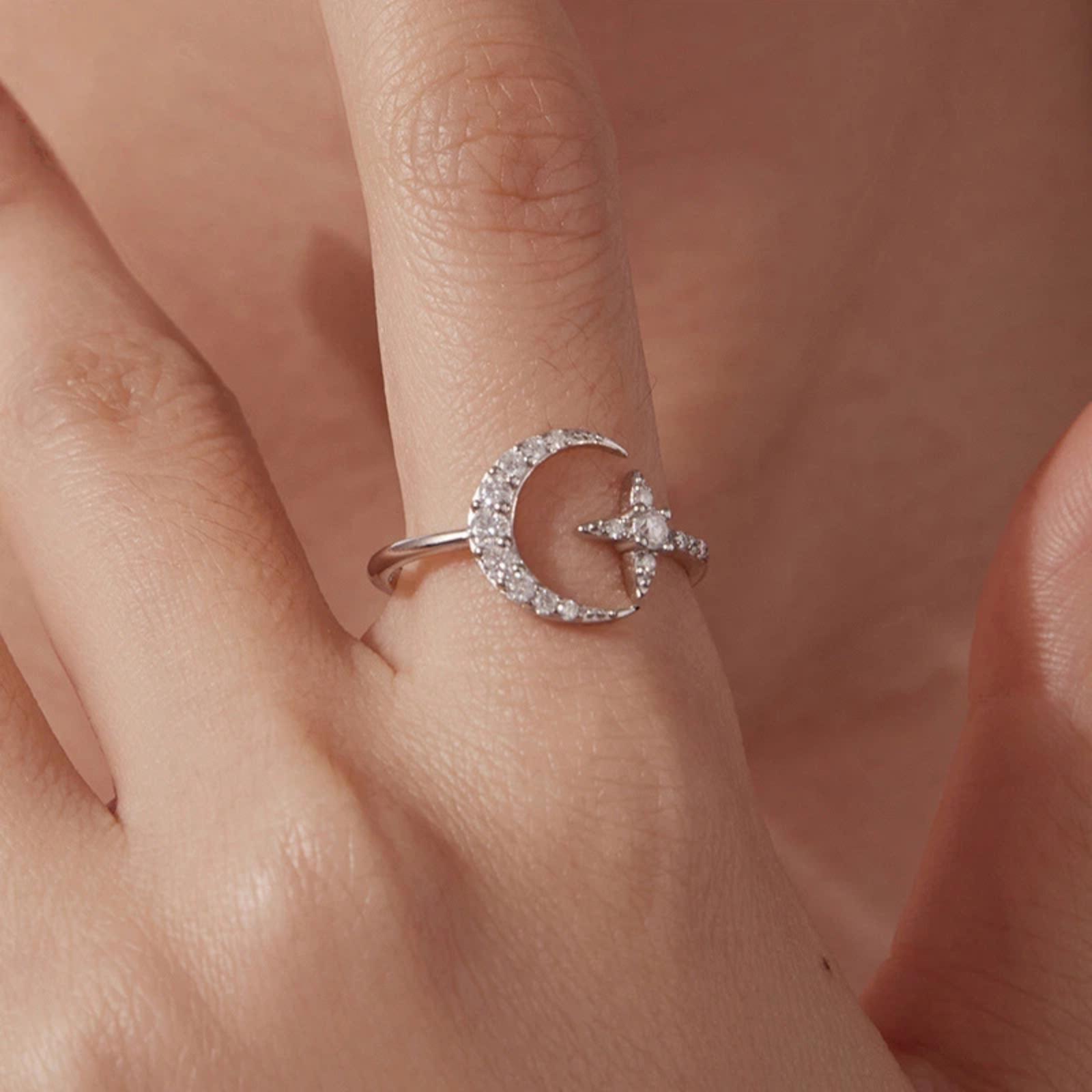 S925 Sterling Silver Adjustable Opening Ring with Moissanite and Star Pattern(MSR099-E) - Shopkiz.com
