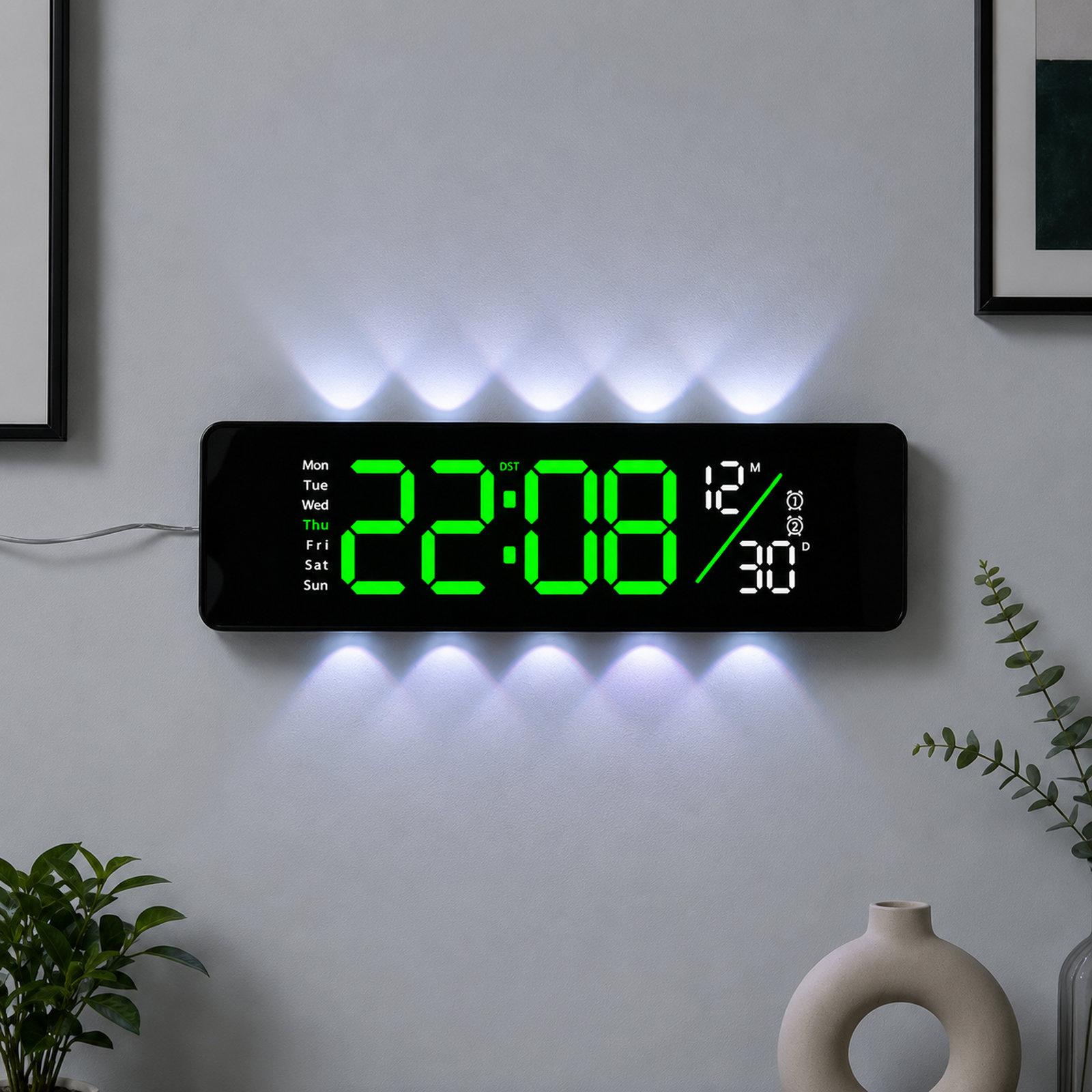 Curved Digital LED Wall Clock With RGB Ambient Backlight / Dual Alarms / Countdown Timer(Black Green) - Shopkiz.com