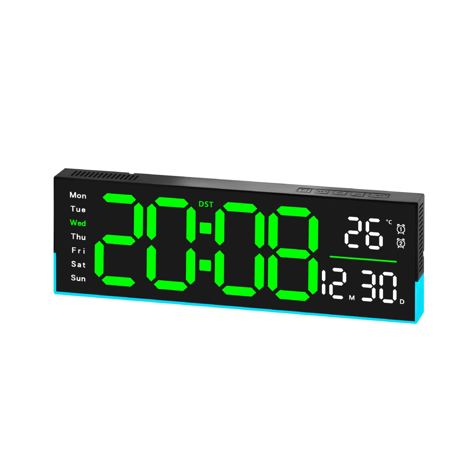 12.6 Inch LED Desk Clock Large Digital Wall Clock With RGB Ambient Light Temp / Date / Week / DST / Timer(6699 Black Green) - Shopkiz.com