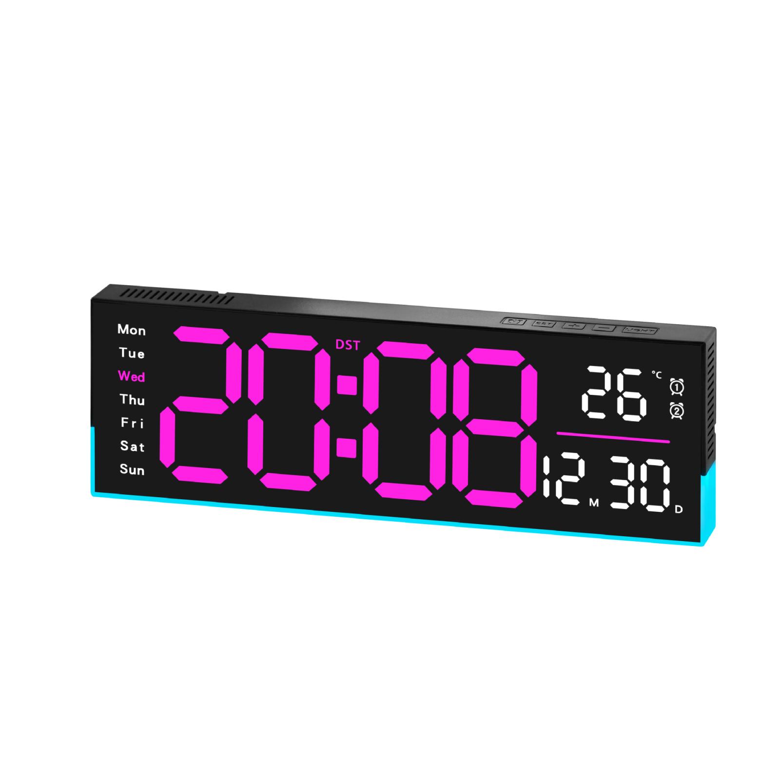12.6 Inch LED Desk Clock Large Digital Wall Clock With RGB Ambient Light Temp / Date / Week / DST / Timer(6699 Black Pink) - Shopkiz.com