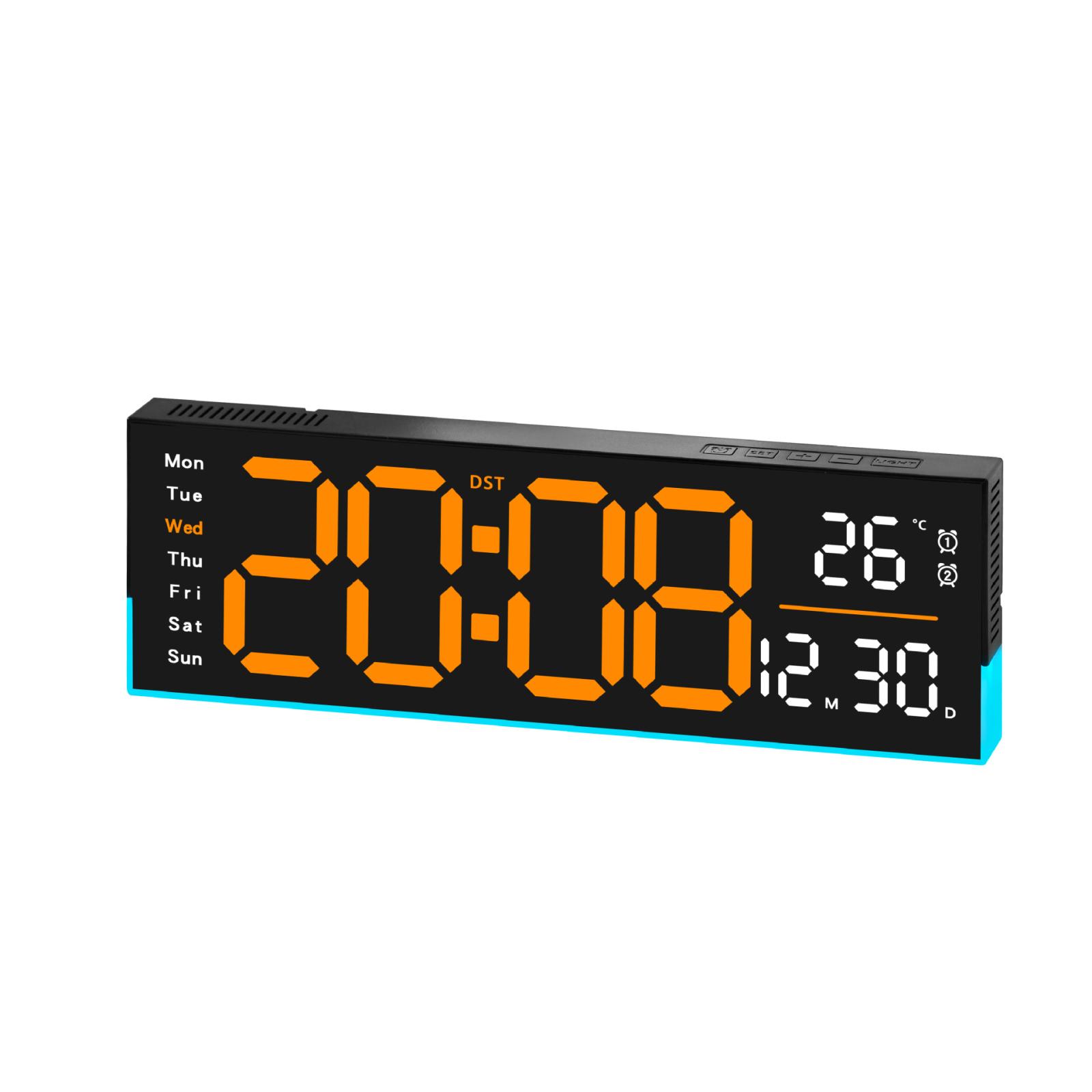 12.6 Inch LED Desk Clock Large Digital Wall Clock With RGB Ambient Light Temp / Date / Week / DST / Timer(6699 Black Orange) - Shopkiz.com