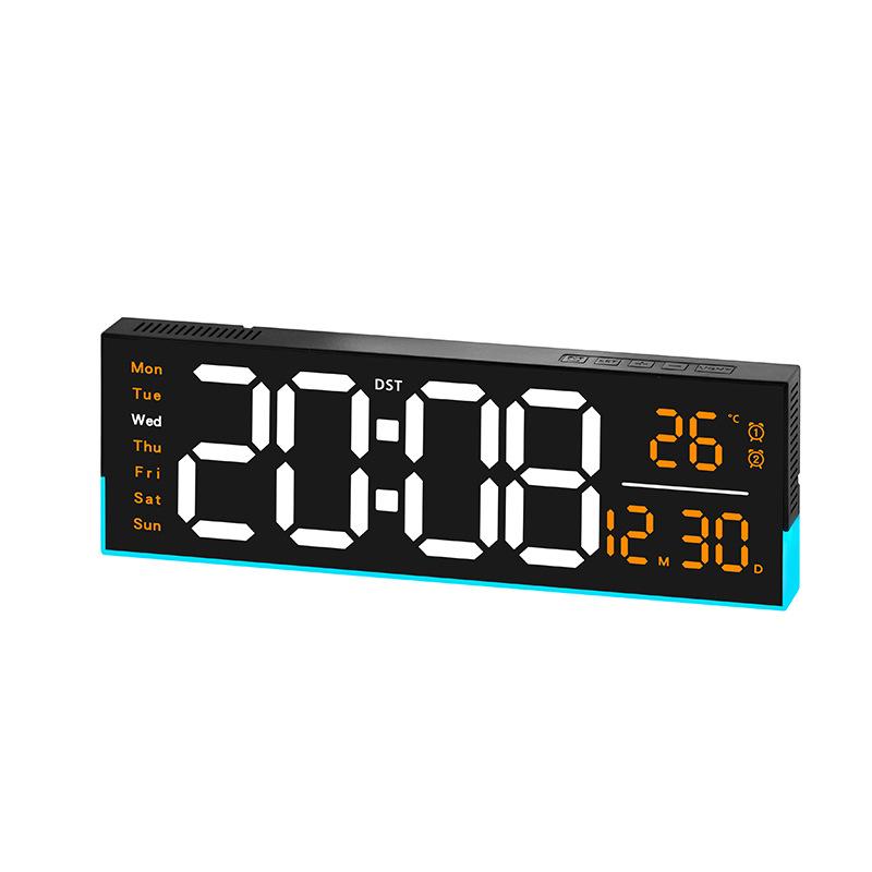 12.6 Inch LED Desk Clock Large Digital Wall Clock With RGB Ambient Light Temp / Date / Week / DST / Timer(5539 Black Orange) - Shopkiz.com