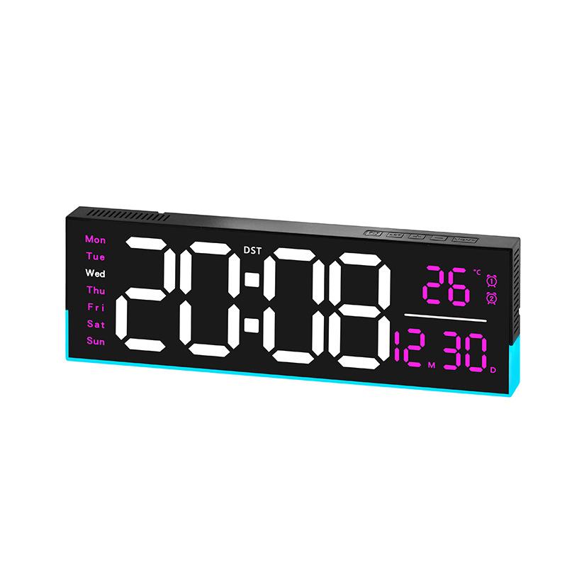 12.6 Inch LED Desk Clock Large Digital Wall Clock With RGB Ambient Light Temp / Date / Week / DST / Timer(5539 Black Pink) - Shopkiz.com