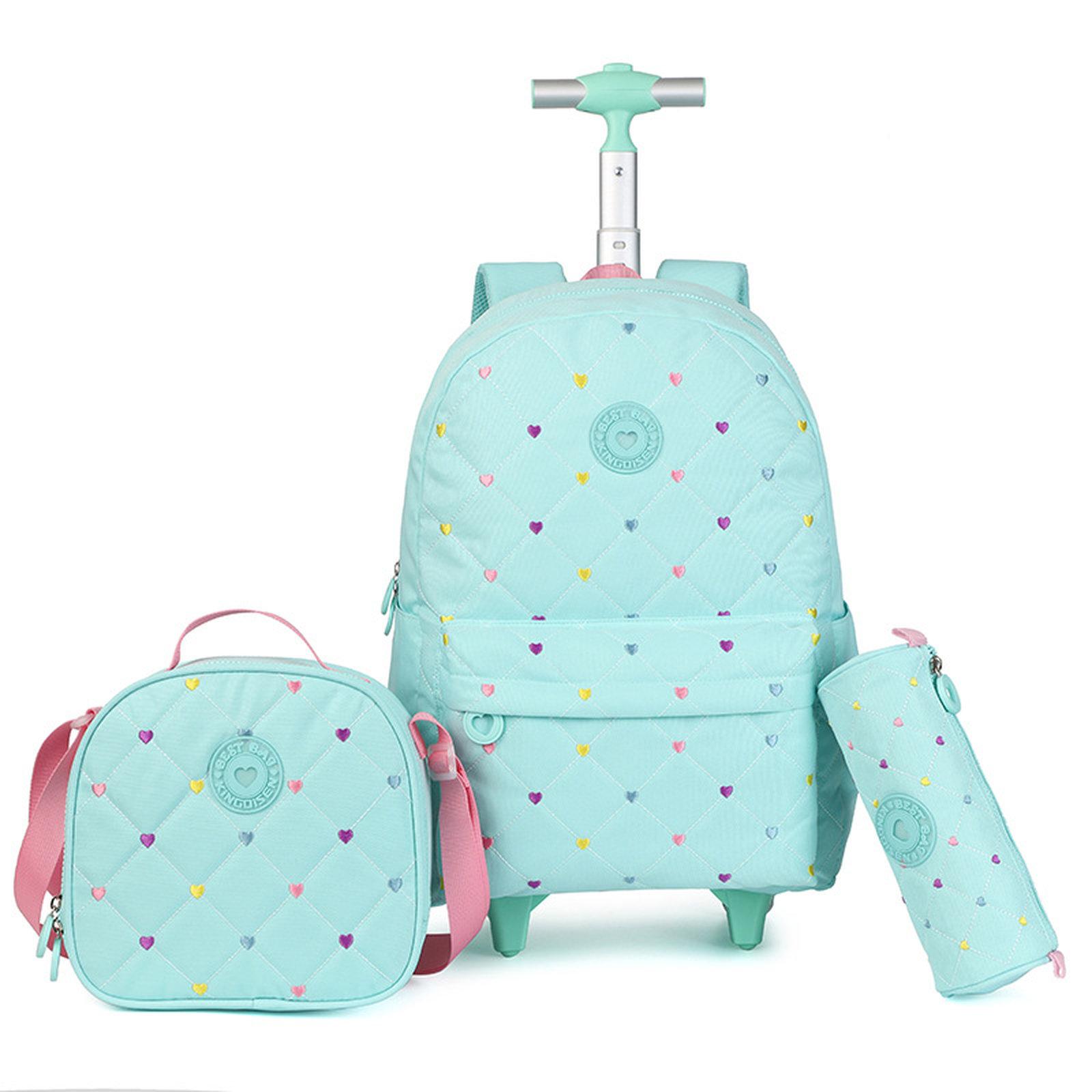 Kids Rolling Backpack 3 Piece Set Quilted Heart Wheeled School Bag with Lunch Box & Pencil Case for Girls(Light Blue) - Shopkiz.com