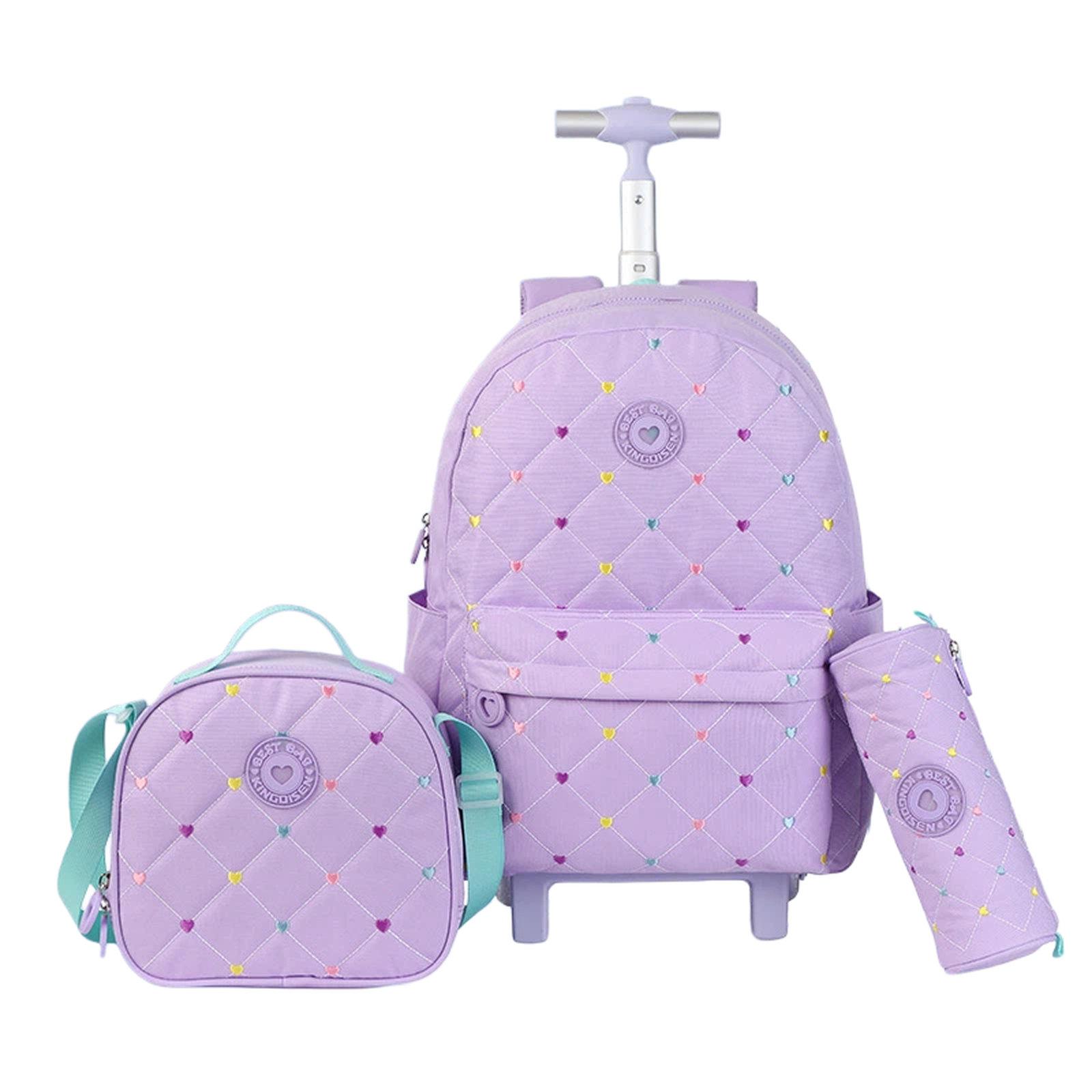 Kids Rolling Backpack 3 Piece Set Quilted Heart Wheeled School Bag with Lunch Box & Pencil Case for Girls(Purple) - Shopkiz.com