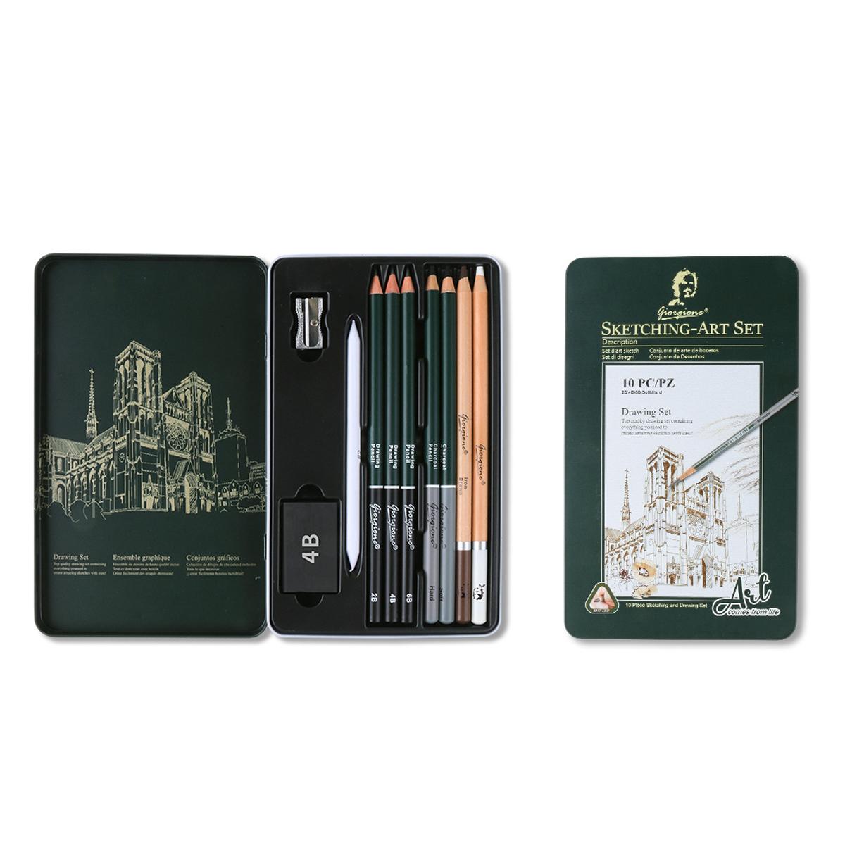 Giorgione 10 In 1 Sketching Pencil Set With Metal Tin Case Graphite Charcoal Drawing Pencils & Art Accessories Kit - Shopkiz.com