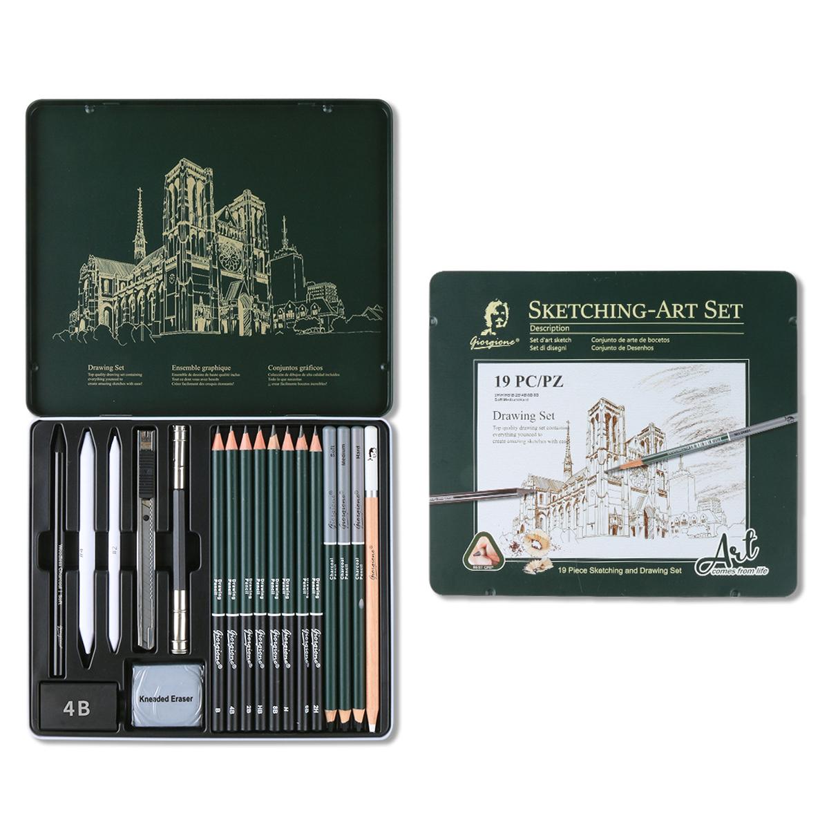 Giorgione 19 In 1 Sketching Pencil Set With Metal Tin Case Graphite Charcoal Drawing Pencils & Art Accessories Kit - Shopkiz.com