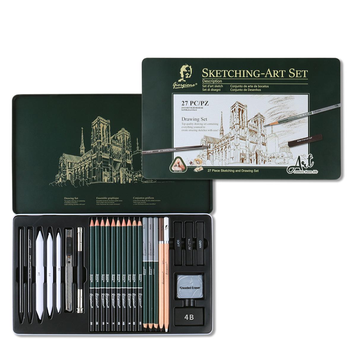 Giorgione 27 In 1 Sketching Pencil Set With Metal Tin Case Graphite Charcoal Drawing Pencils & Art Accessories Kit - Shopkiz.com