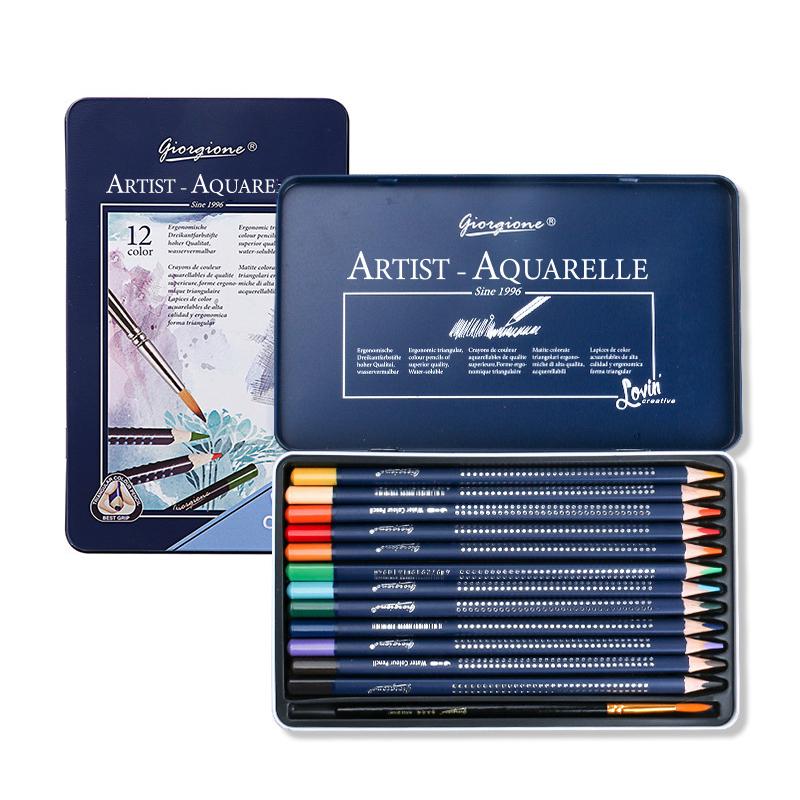 Giorgione 12 Colors Water-Soluble Colored Pencil Set in Metal Tin Triangular Watercolor Pencils with Paint Brush - Shopkiz.com
