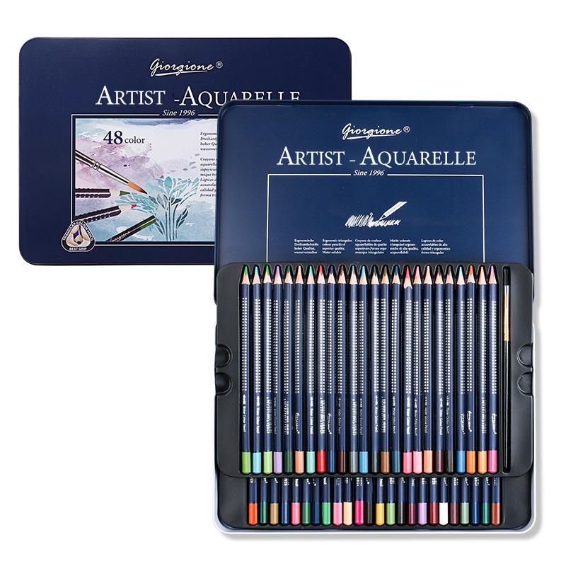 Giorgione 48 Colors Water-Soluble Colored Pencil Set in Metal Tin Triangular Watercolor Pencils with Paint Brush - Shopkiz.com