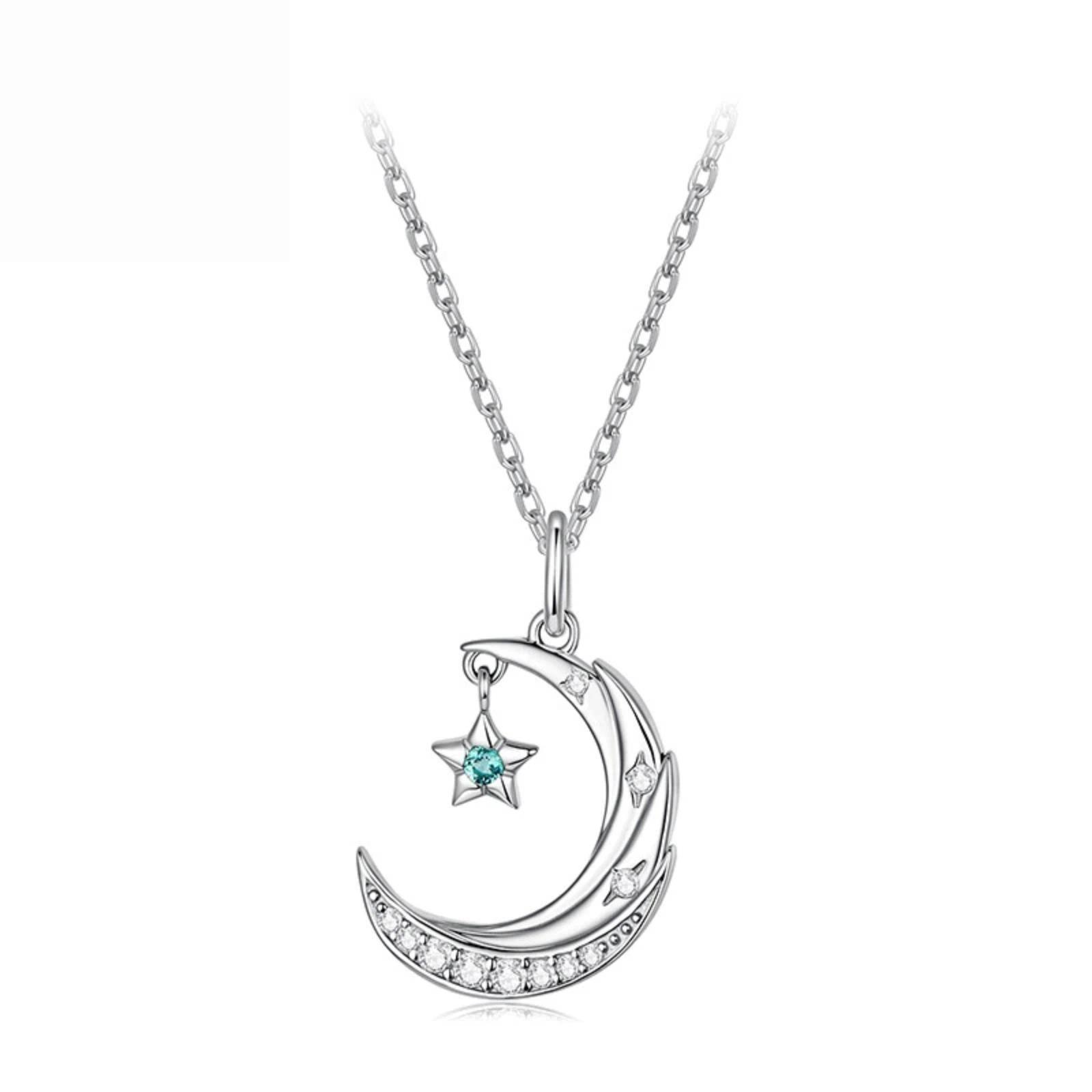 Star And Moon Necklace Copper Plated With White Gold Clavicle Chain(YIN133) - Shopkiz.com