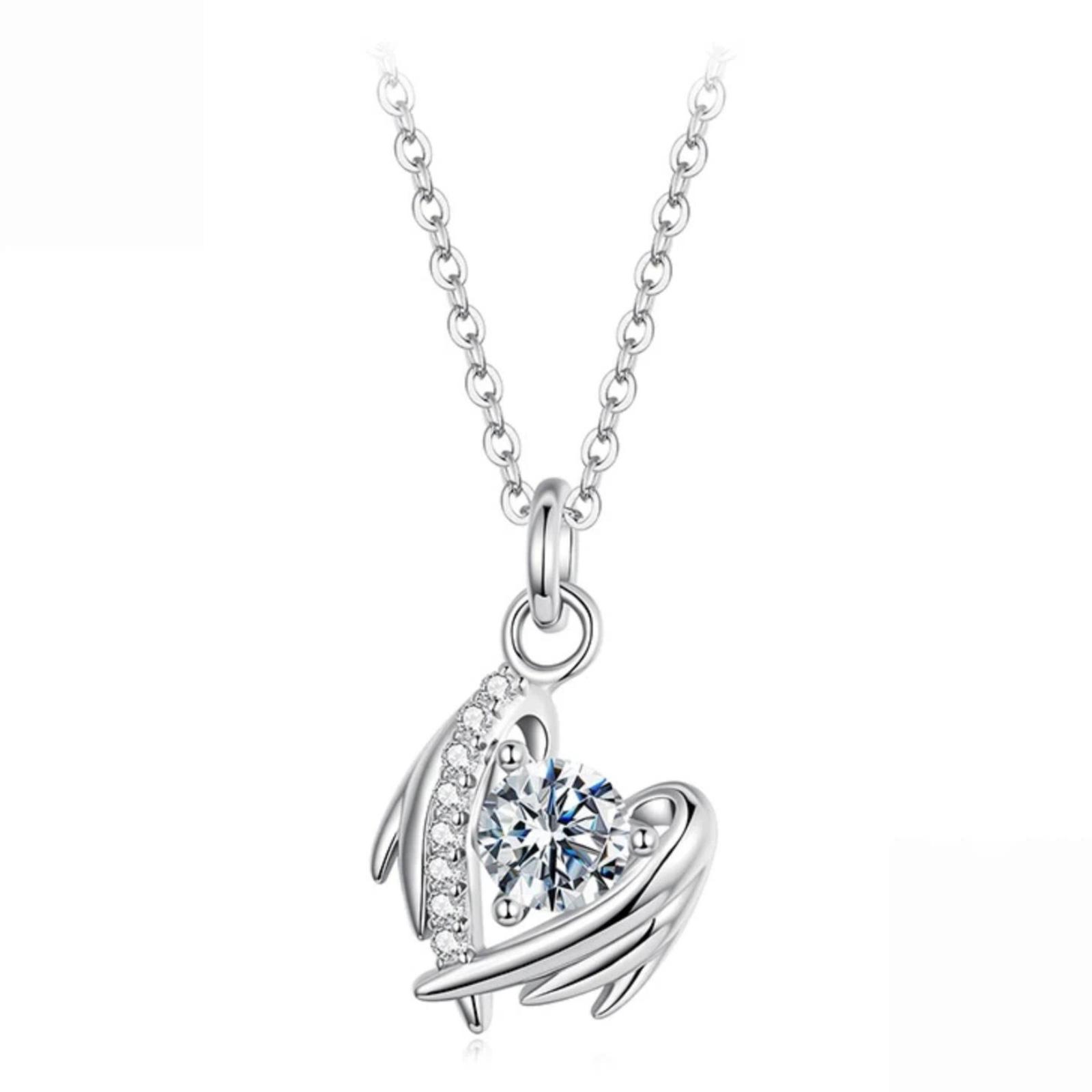 S925 Sterling Silver Heart Wing Moissanite Clavicle Necklace(MSN067) - Shopkiz.com