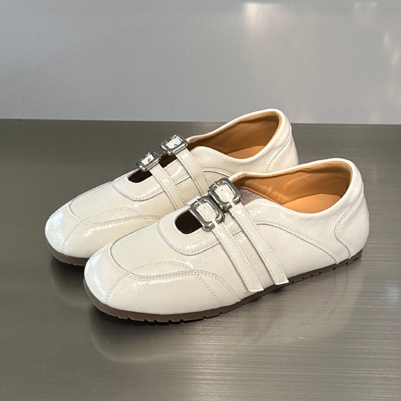 Insole Heightening Ballet Style Flat Shoes Women Square Toe Double Buckle Casual Slip-On Shoes, Size: 36(White) - Shopkiz.com