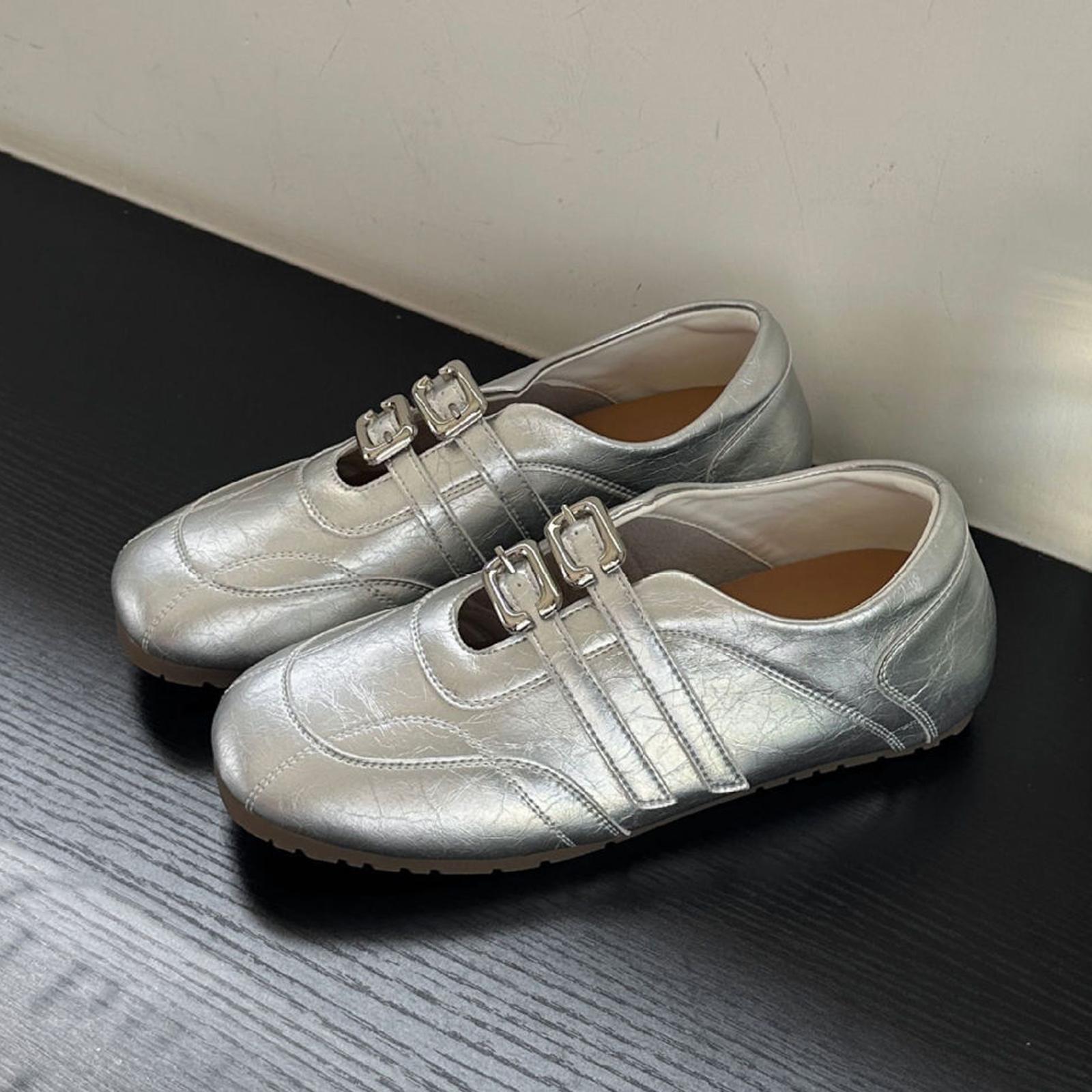 Insole Heightening Ballet Style Flat Shoes Women Square Toe Double Buckle Casual Slip-On Shoes, Size: 36(Sliver) - Shopkiz.com