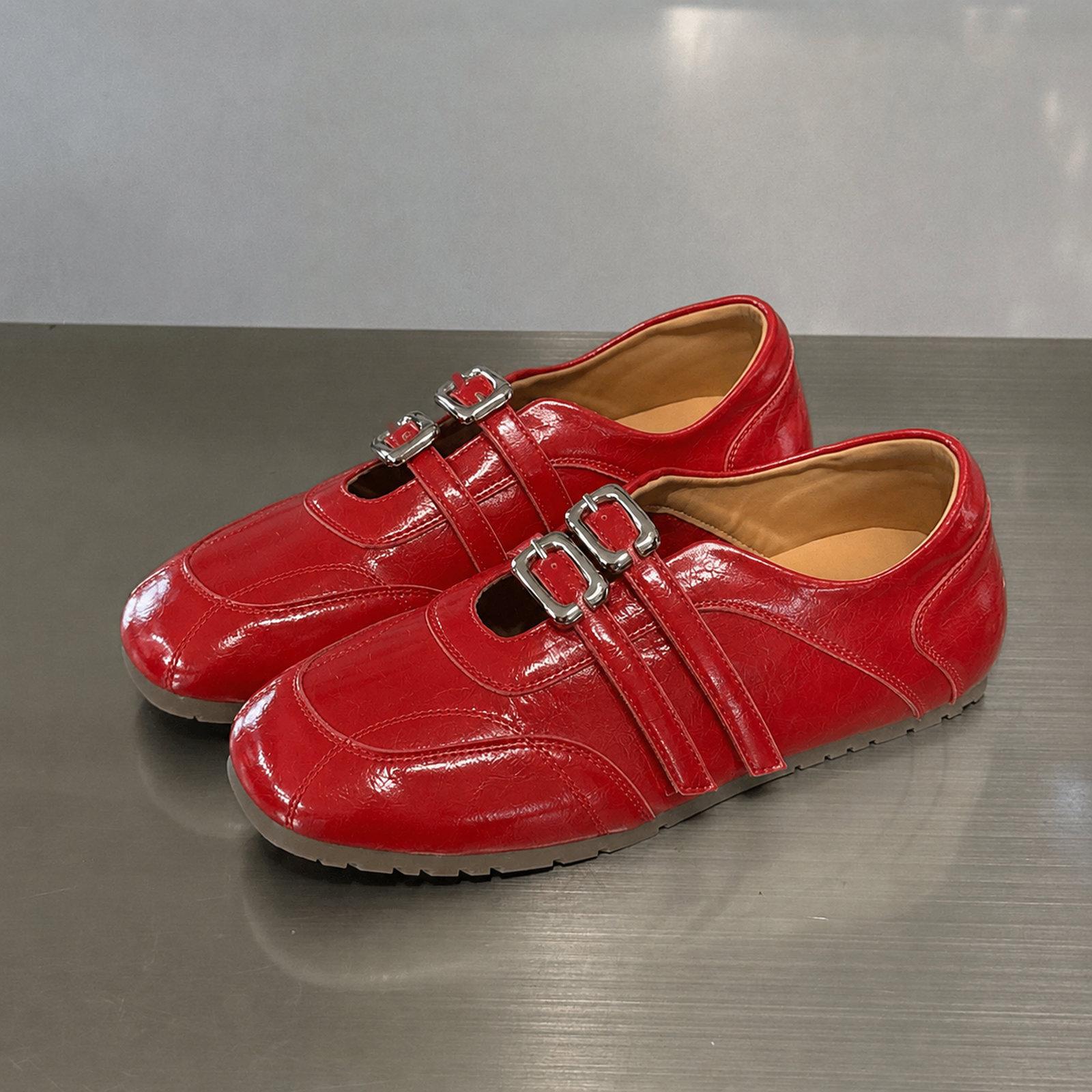 Insole Heightening Ballet Style Flat Shoes Women Square Toe Double Buckle Casual Slip-On Shoes, Size: 37(Red) - Shopkiz.com