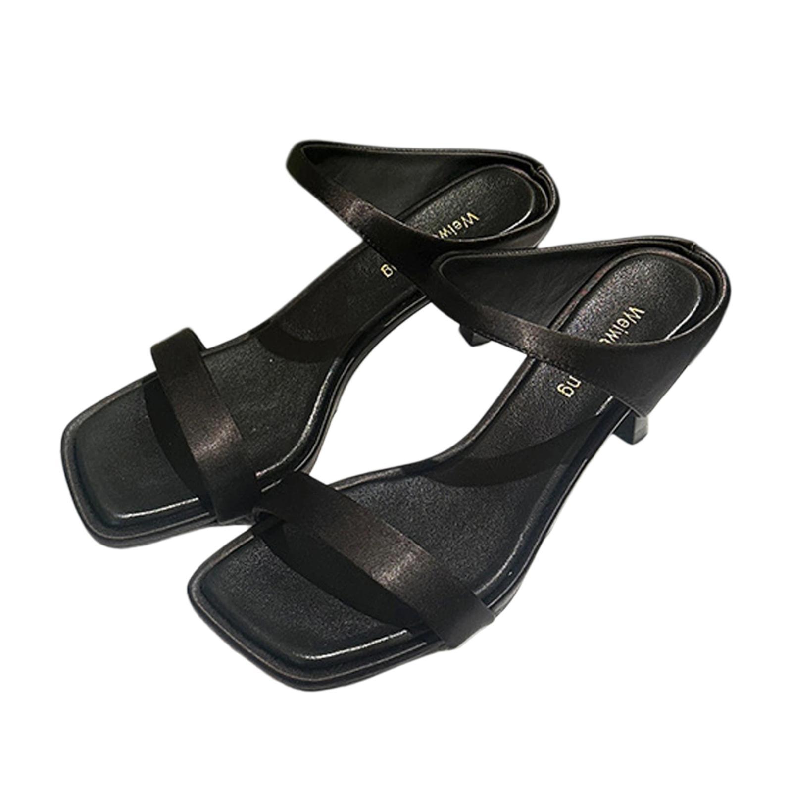 Elegant Square Toe High Heels Women Outdoor One-Strap Slide Sandals, Size: 37(Black) - Shopkiz.com