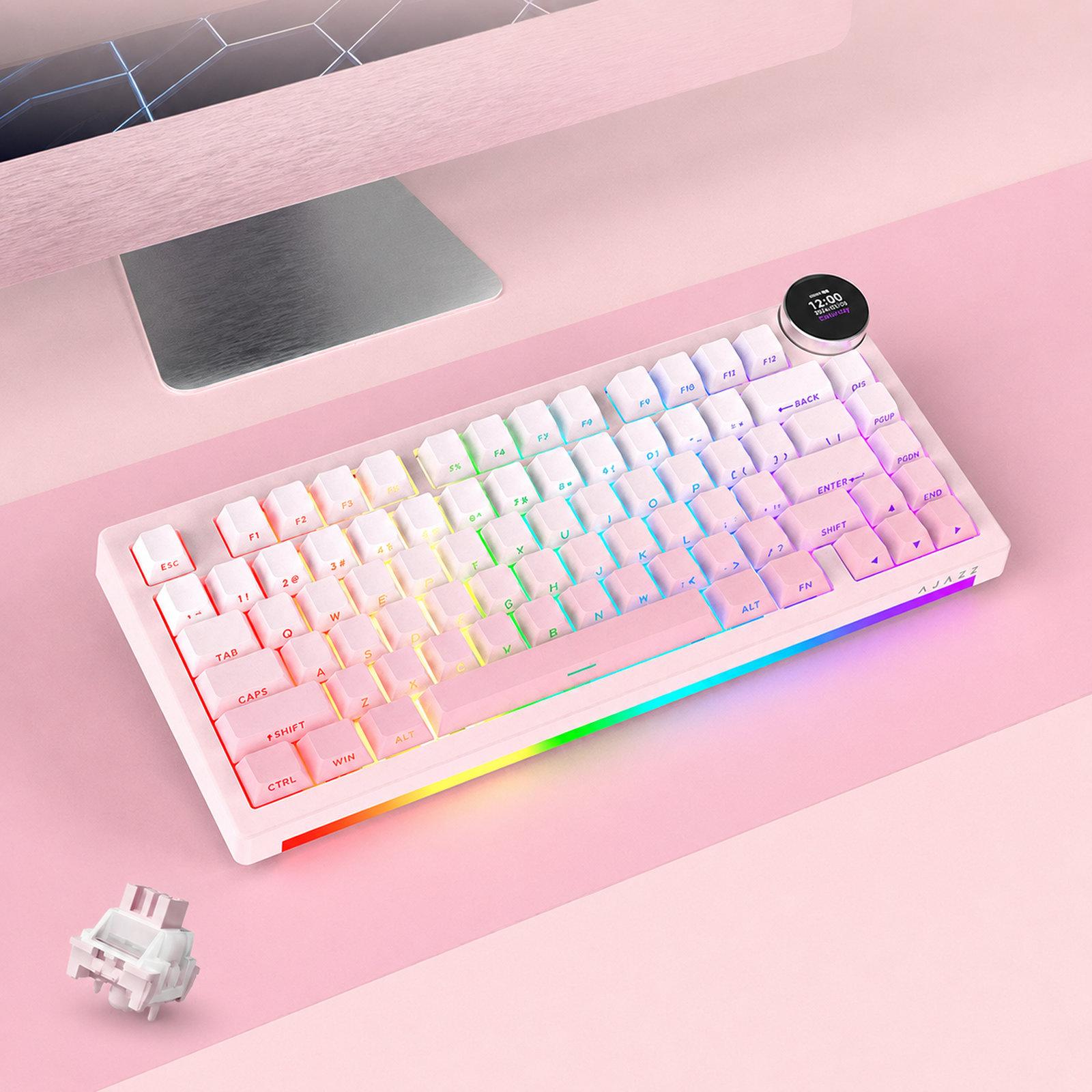 Ajazz AK820 V2 Wireless Mechanical Gaming Keyboard, Style: White Peach Switch Gradient Side Engraving White Pink With Screen - Shopkiz.com