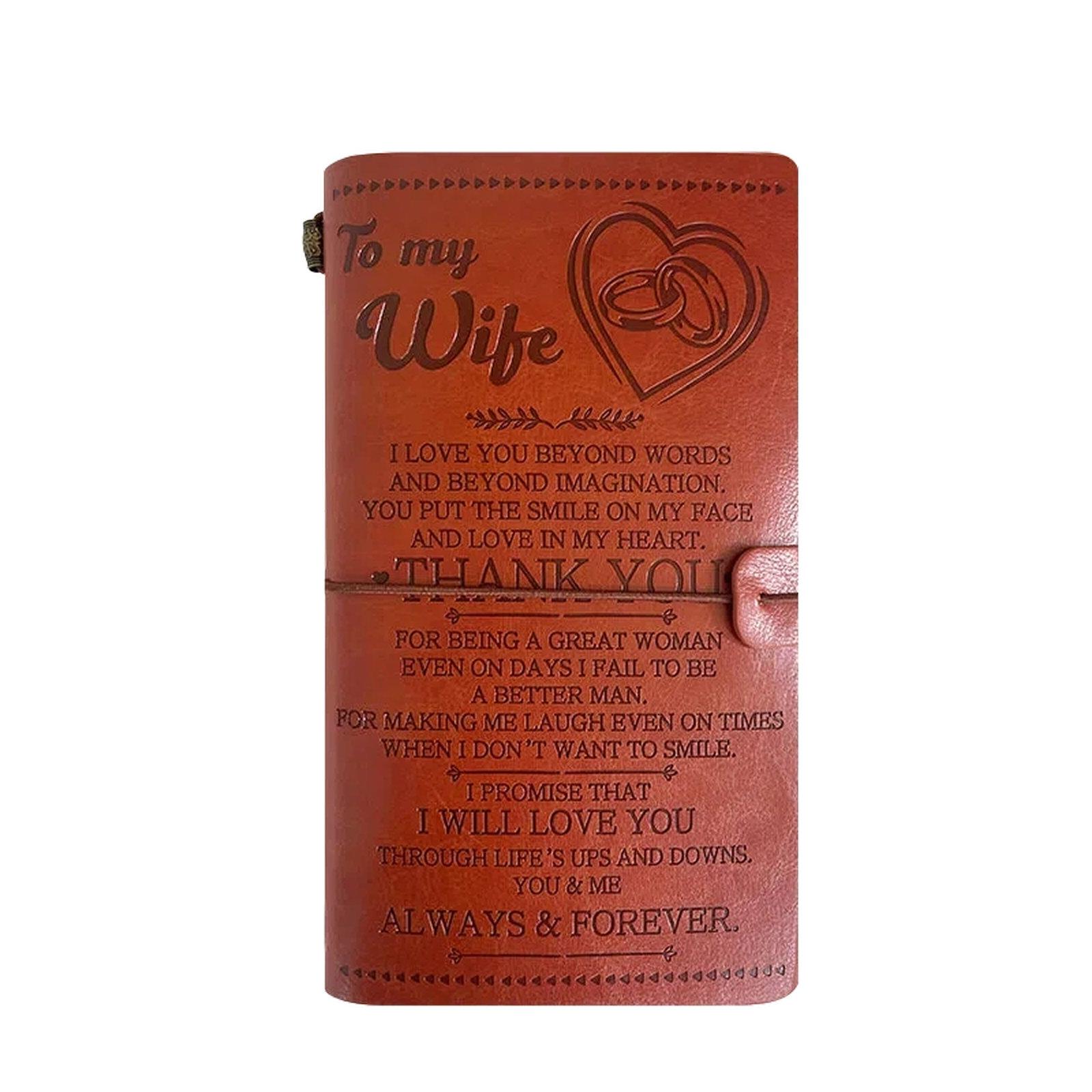 A6 Leather Refillable Journal Vintage Travelers Notebook with Engraved Quote, Style: Brown - To My Wife (Ring Motif) - Shopkiz.com