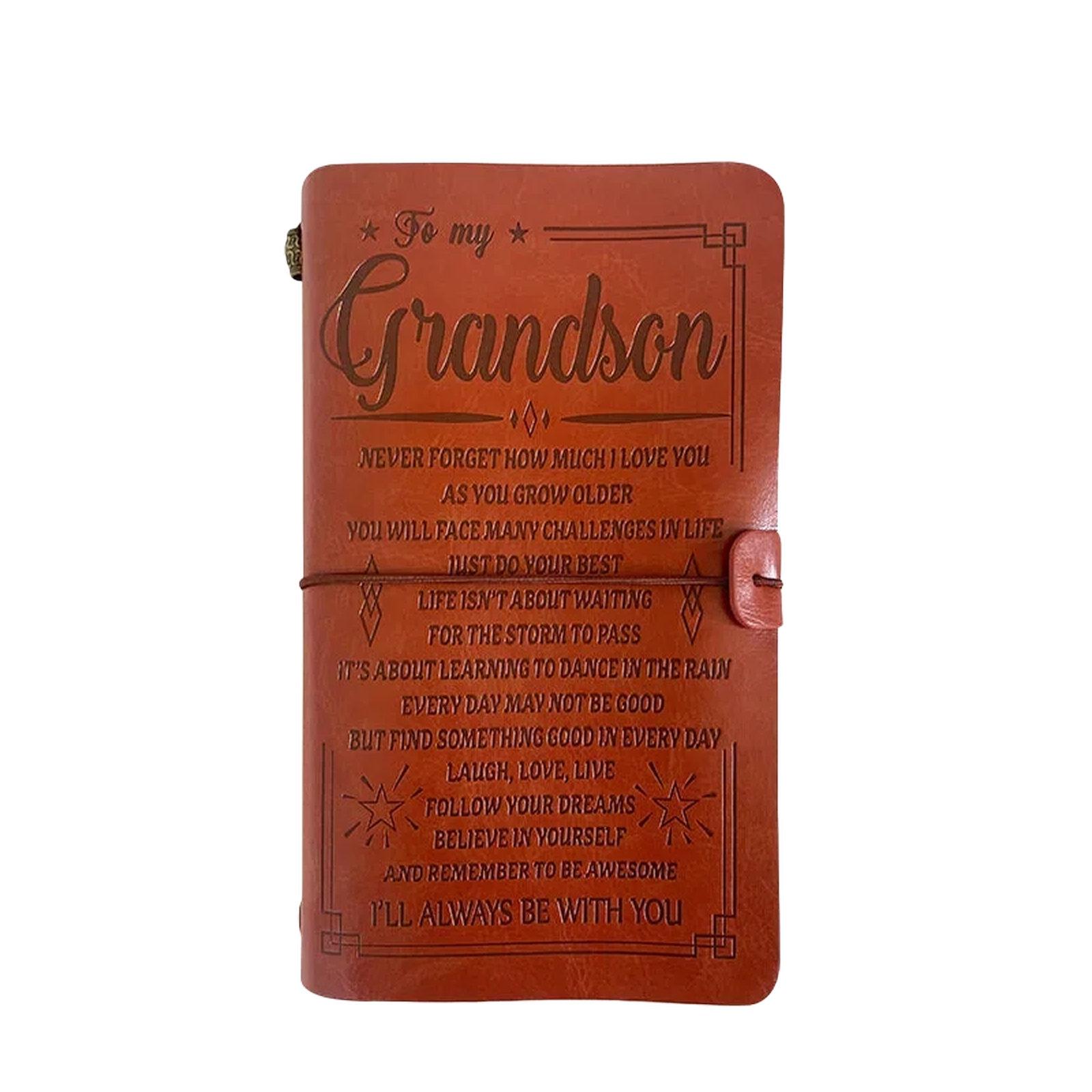A6 Leather Refillable Journal Vintage Travelers Notebook with Engraved Quote, Style: Brown - To My Grandson - Shopkiz.com